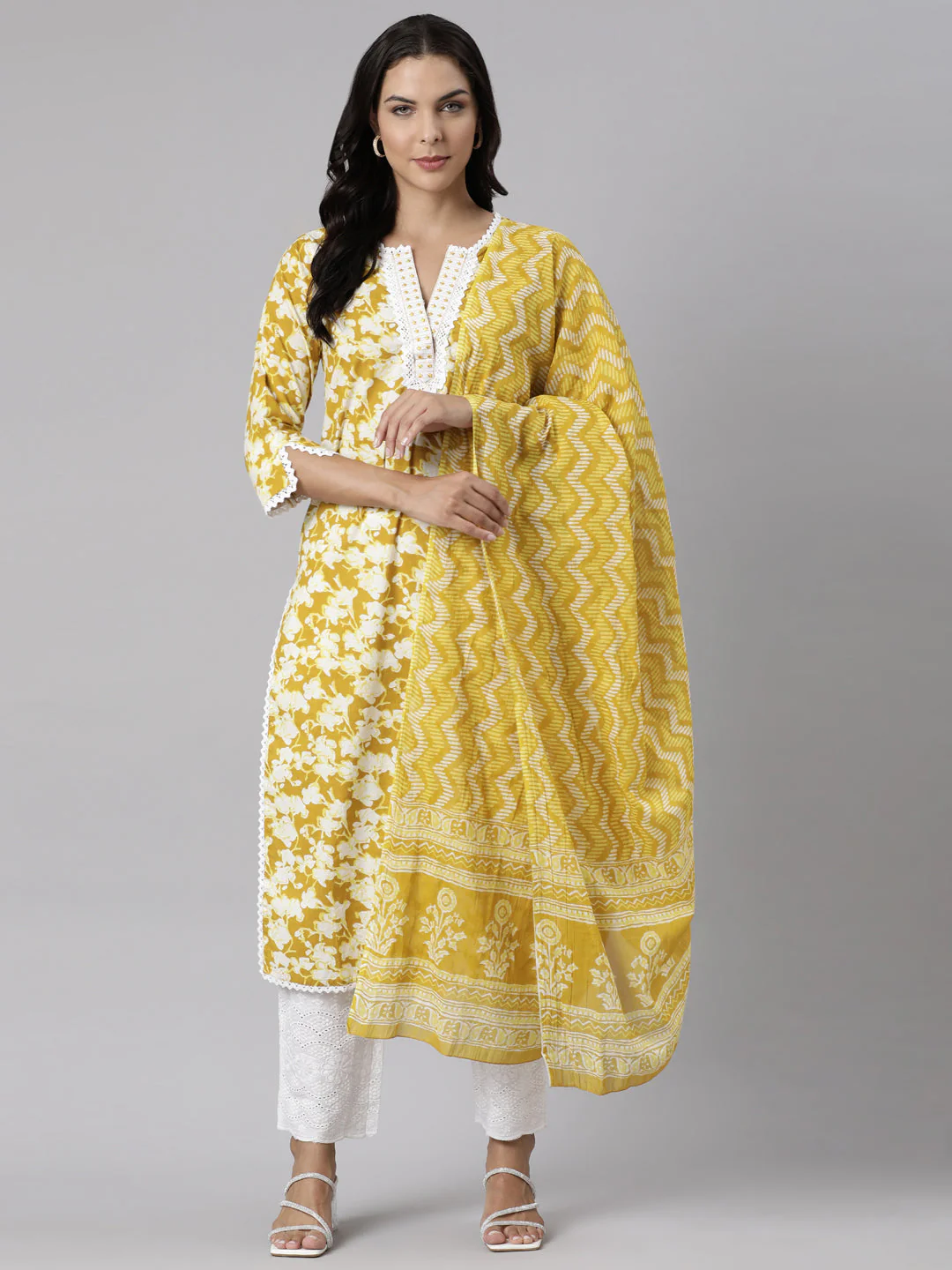 Neerus Yellow Panelled Straight Printed Kurta And Trousers With Dupatta - Image 6