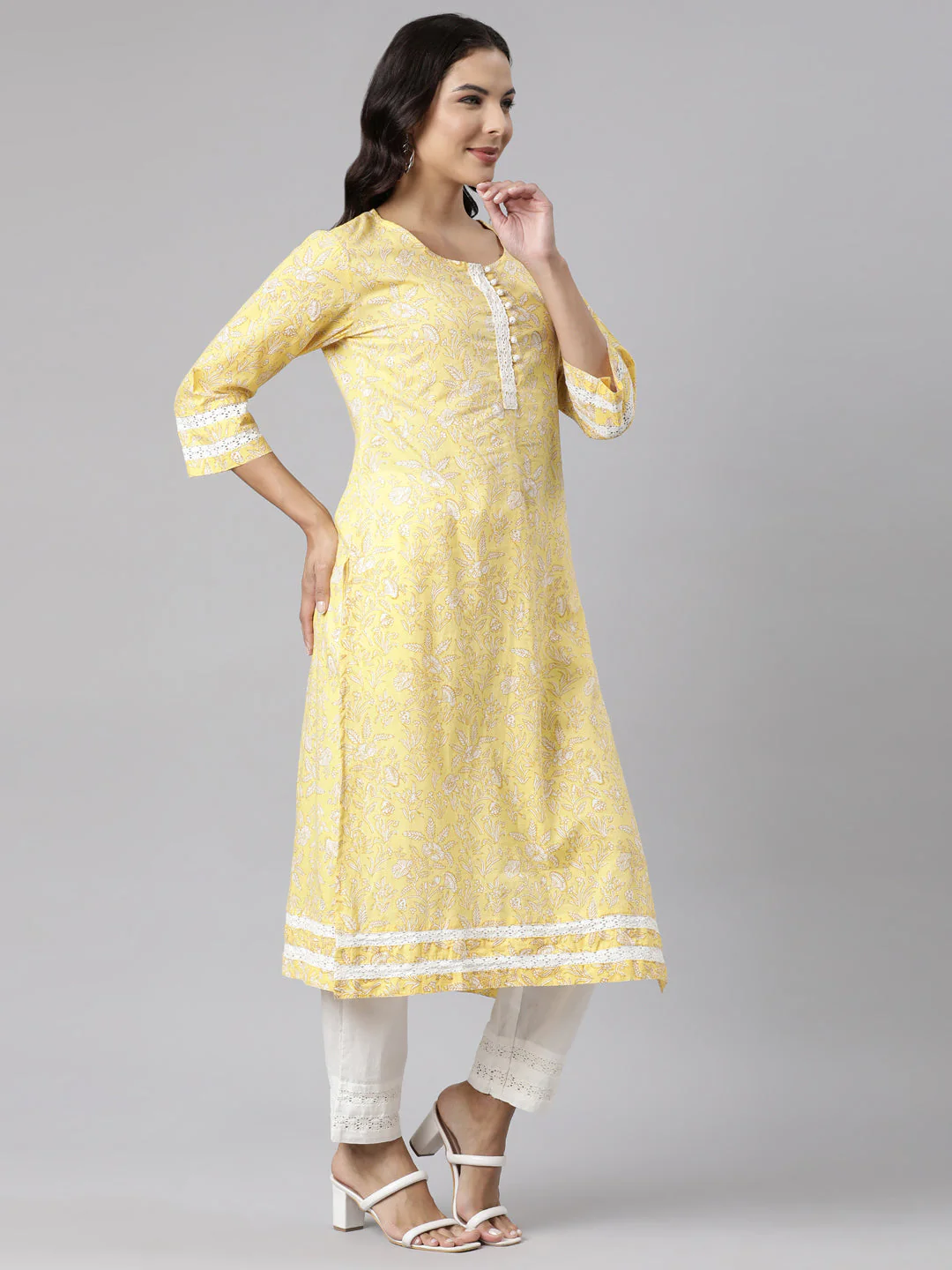 Neerus Yellow Panelled Straight Printed Kurta And Trousers With Dupatta - Image 3