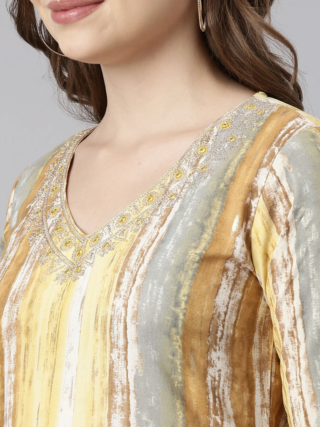 Neerus Yellow Panelled Straight Striped Kurta - Image 4