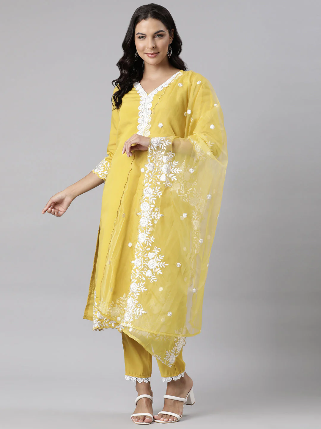 Neerus Yellow Panelled Straight Yoke Design Kurta And Trousers With Dupatta - Image 6