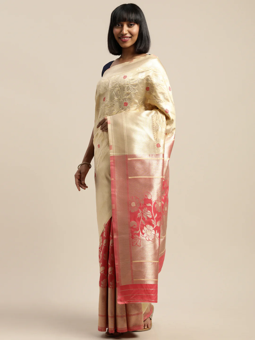 Neerus Yellow & Pink Textured Saree With Blouse