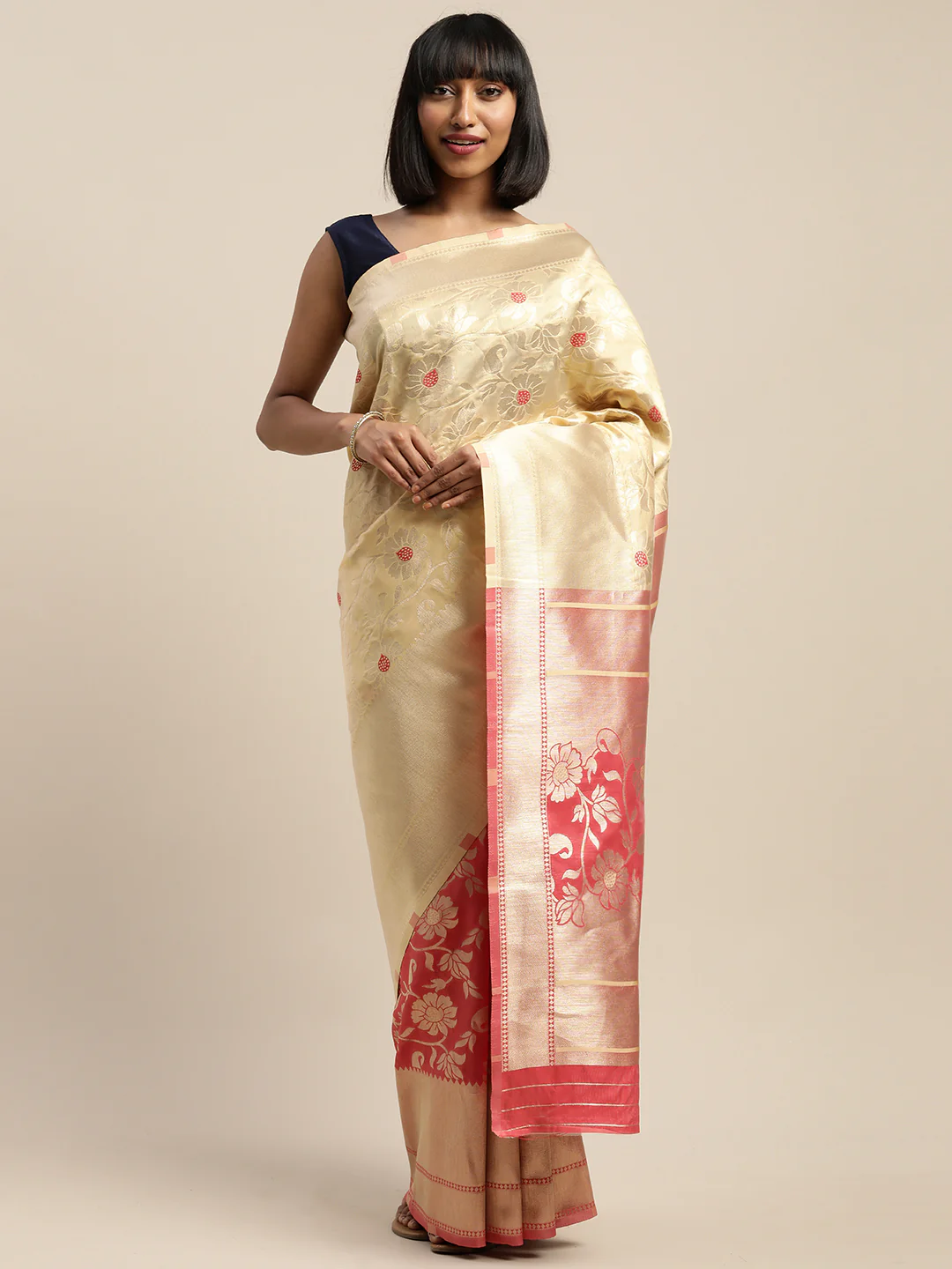 Neerus Yellow & Pink Textured Saree With Blouse - Image 7