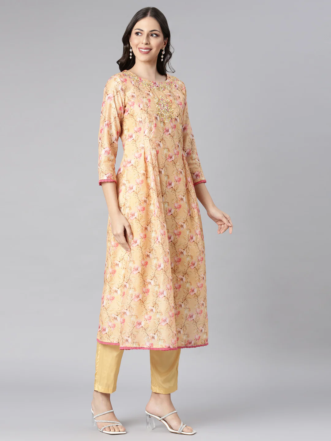 Neerus Yellow Printed Anarkali Kurta and Trousers With Dupatta - Image 2