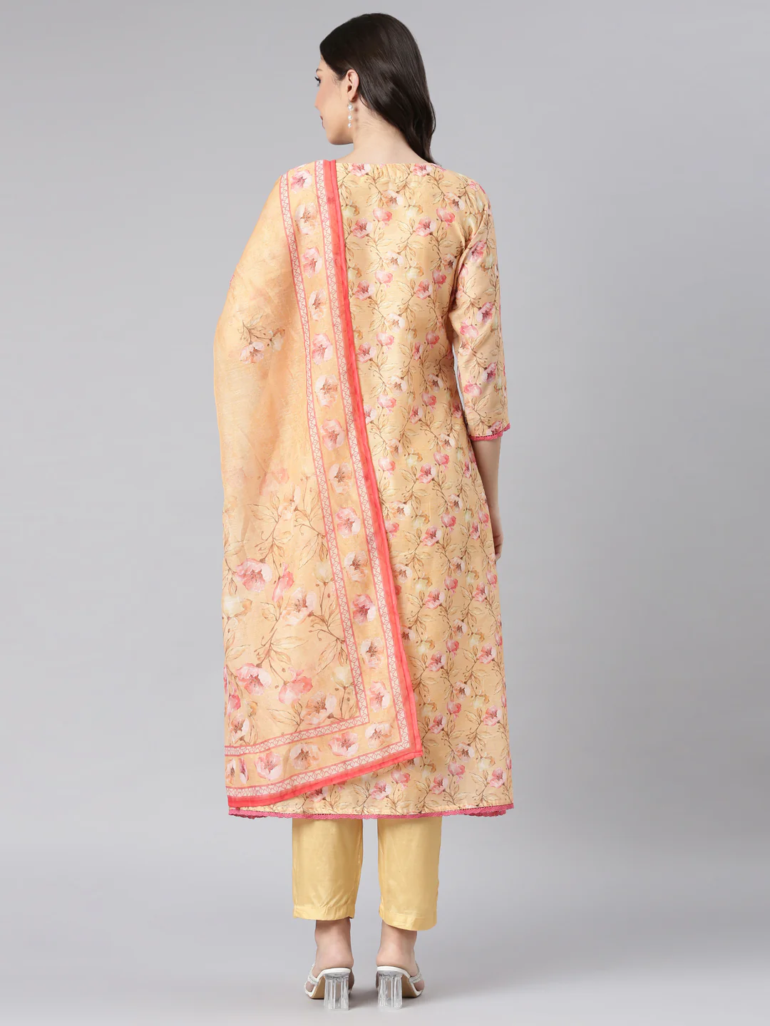 Neerus Yellow Printed Anarkali Kurta and Trousers With Dupatta - Image 3