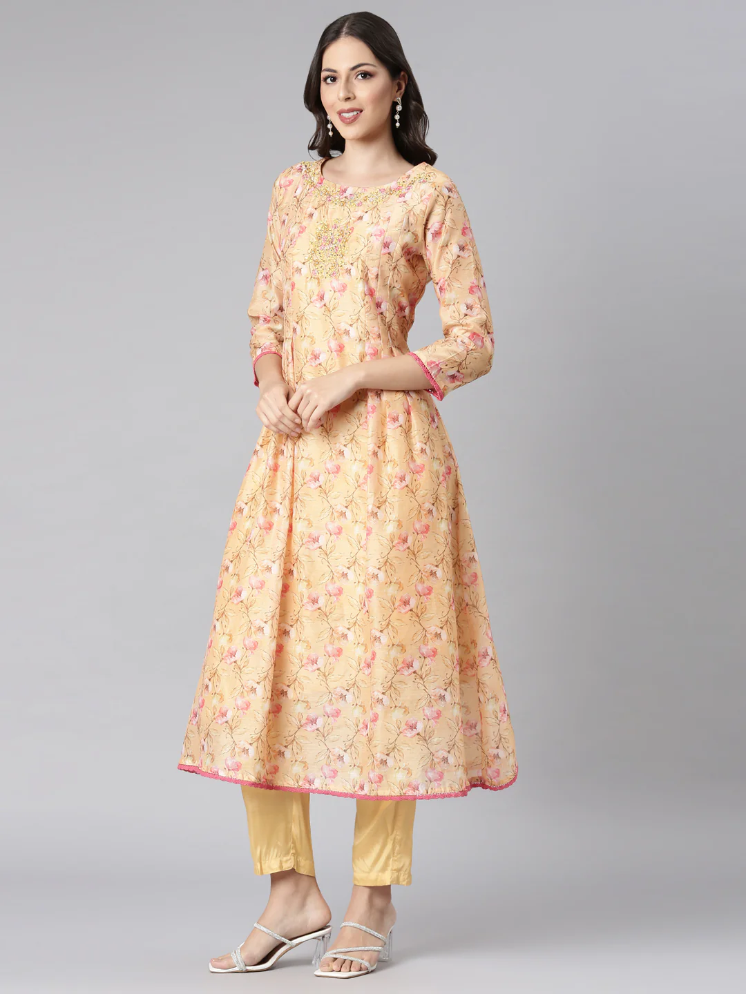 Neerus Yellow Printed Anarkali Kurta and Trousers With Dupatta - Image 5
