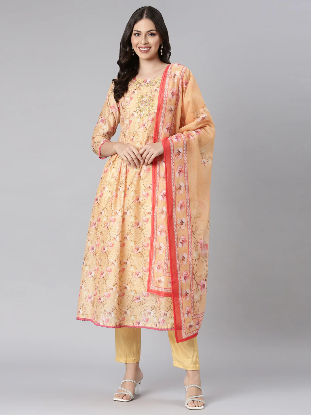 Neerus Yellow Printed Anarkali Kurta and Trousers With Dupatta - Image 6