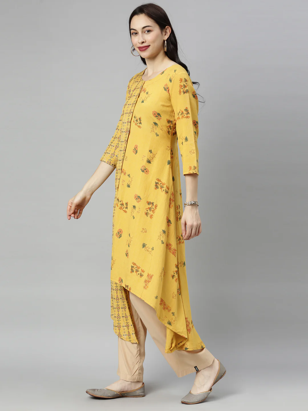 Neerus Yellow Printed High Low Kurta - Image 2