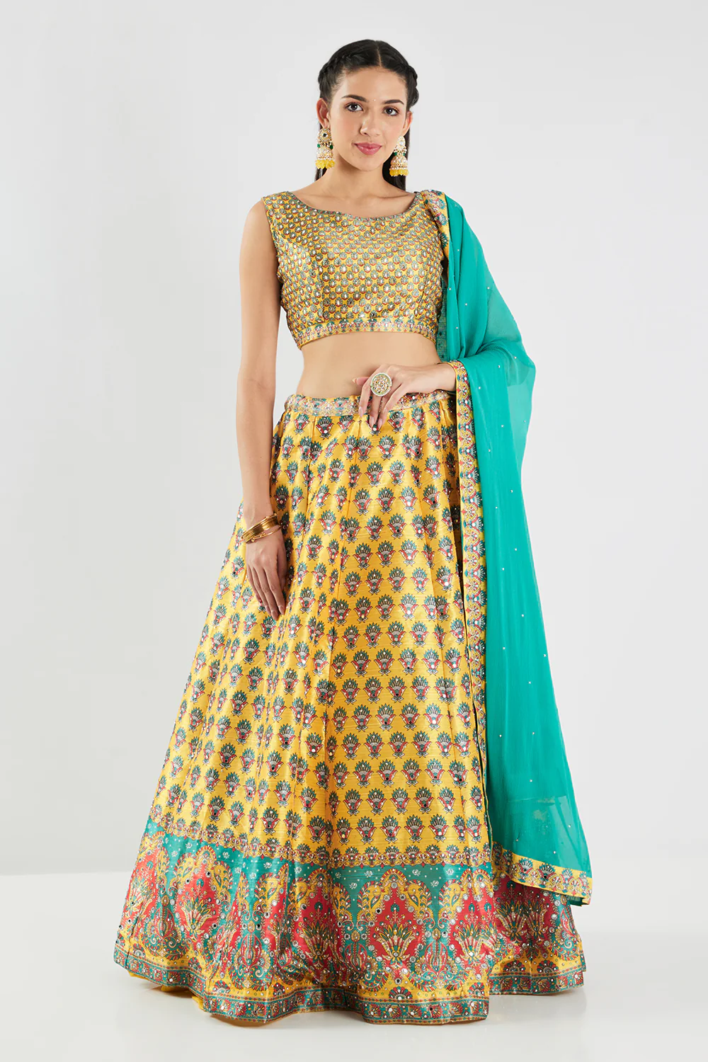 Neerus Yellow Printed Silk Fabric Ghagra Set - Image 2