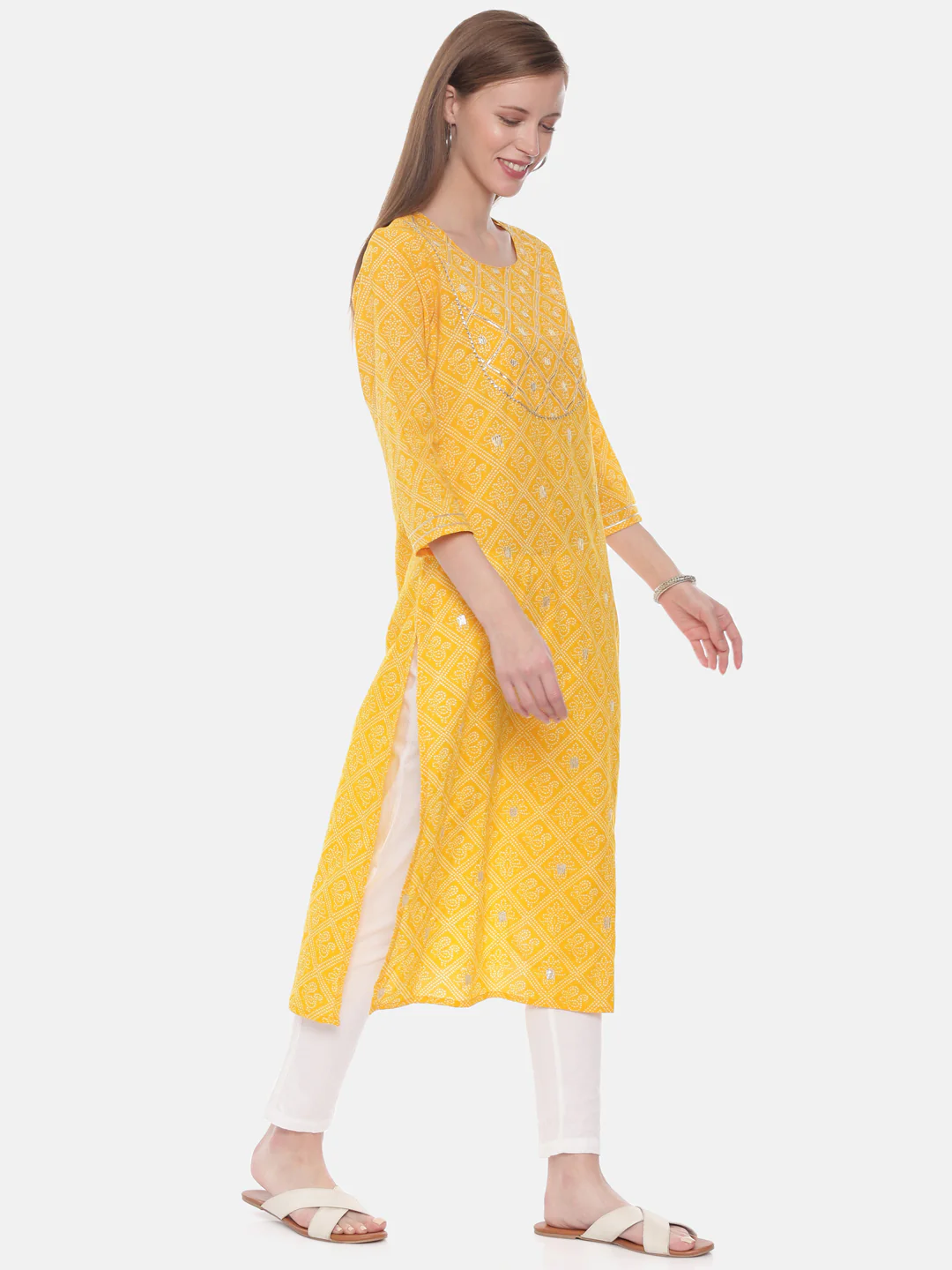 Neerus Yellow Printed Straight Kurta - Image 4