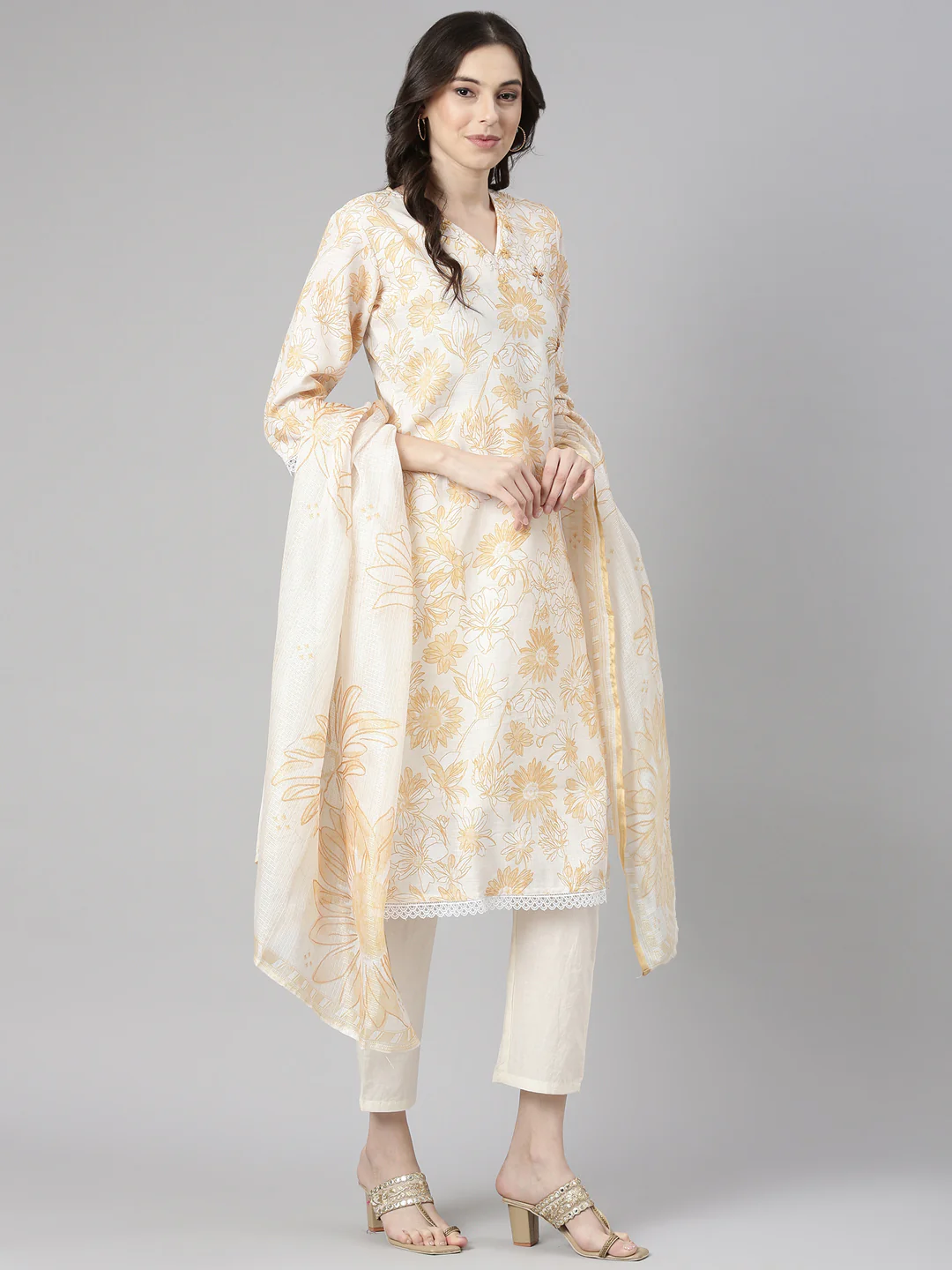 Neerus Yellow Printed Straight Kurta and Trousers With Dupatta - Image 5