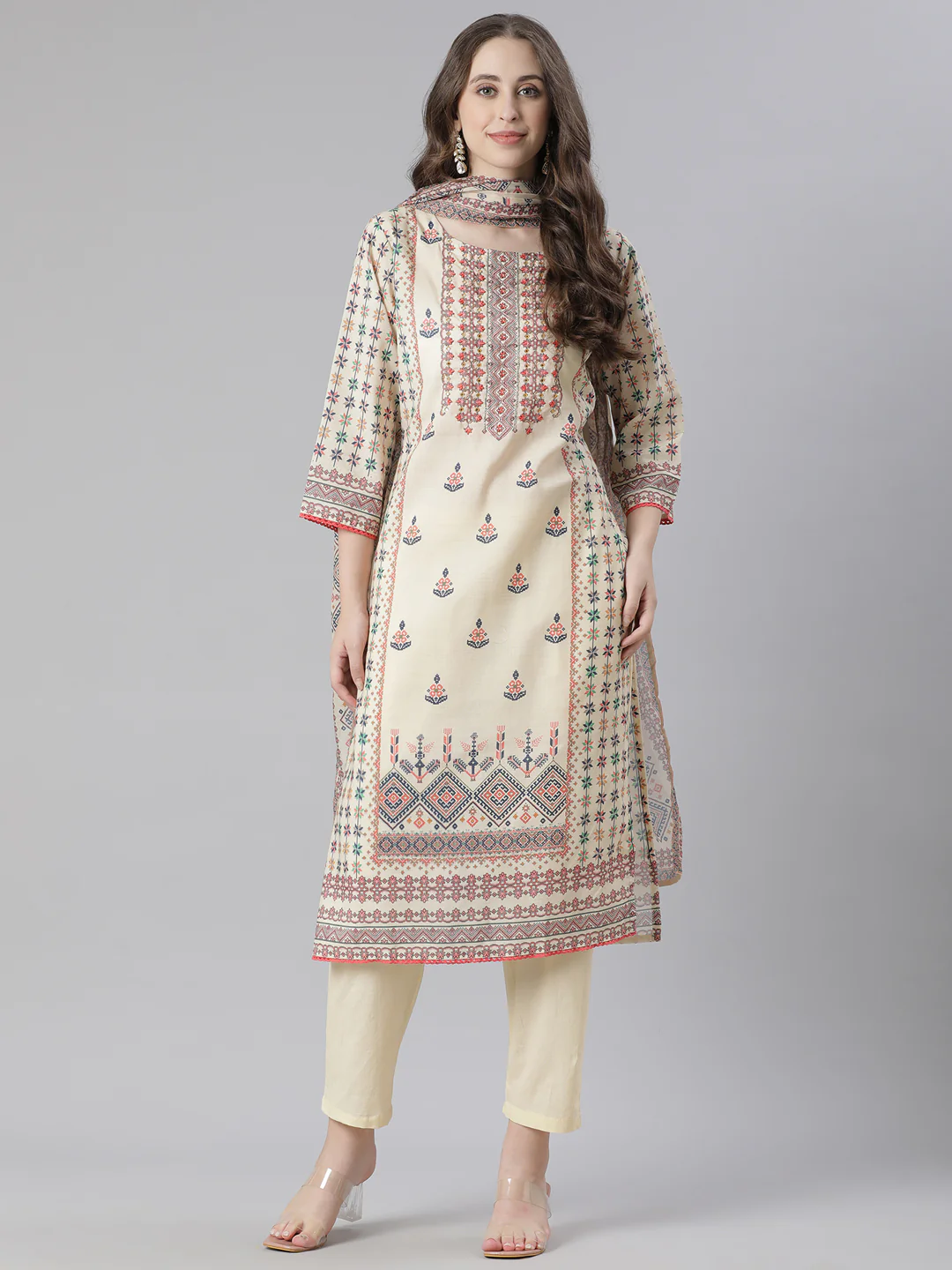 Neerus Yellow Printed Straight Kurta and Trousers With Dupatta - Image 4