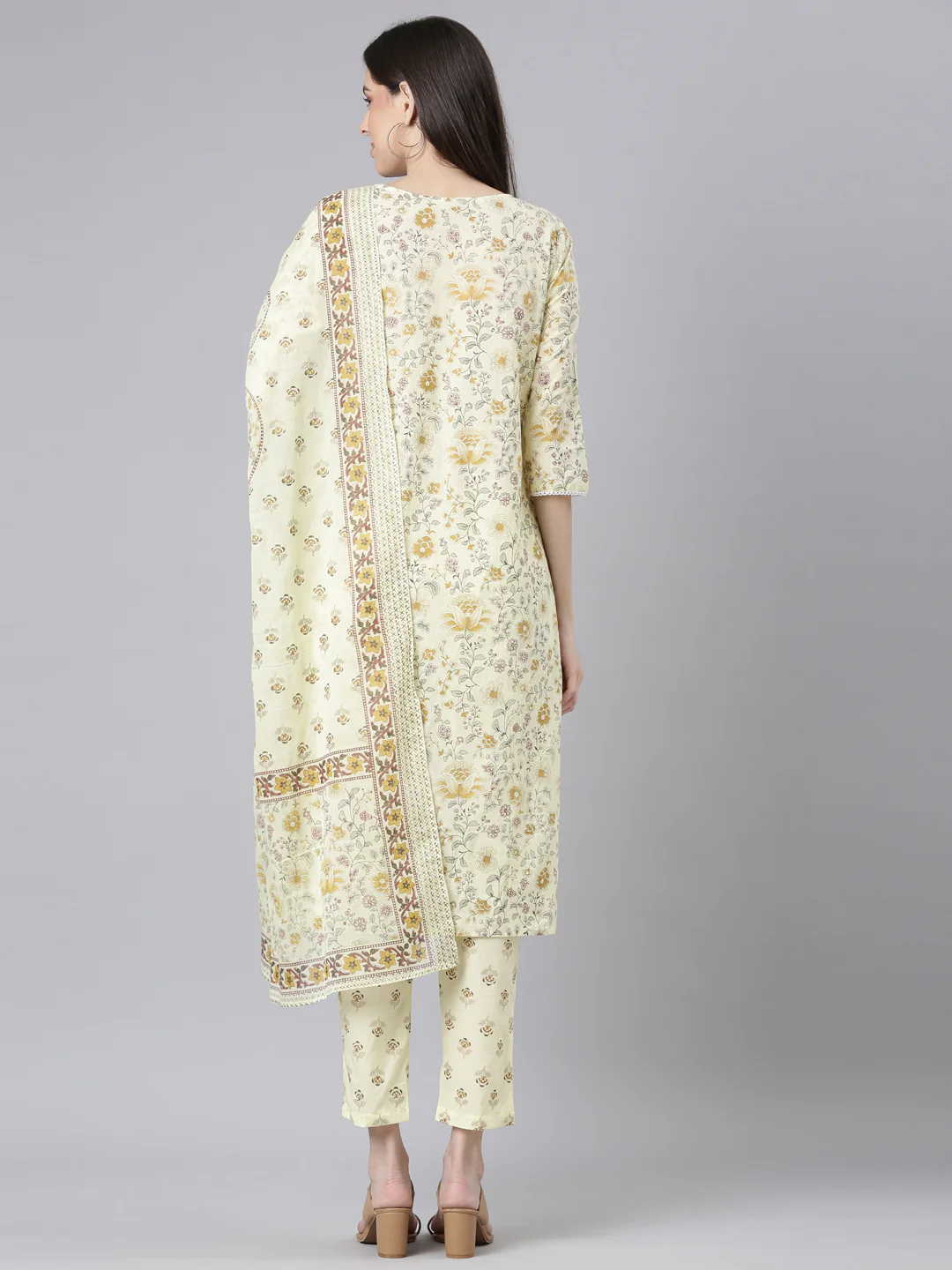 Neerus Yellow Printed Straight Kurta and Trousers With Dupatta - Image 3