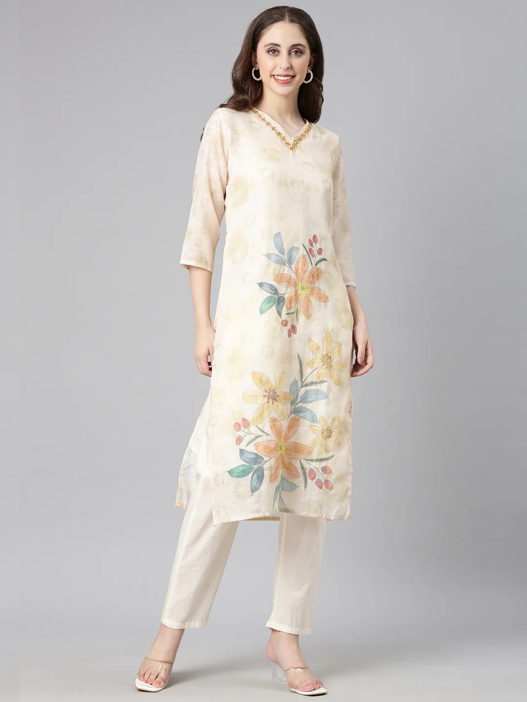 Neerus Yellow Printed Straight Kurta and Trousers With Dupatta - Image 2