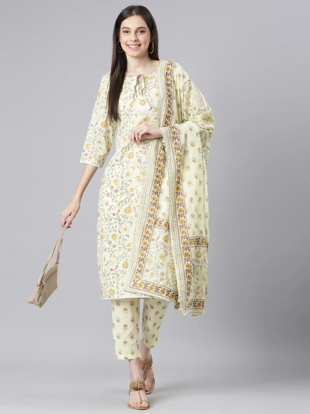 Neerus Yellow Printed Straight Kurta and Trousers With Dupatta - Image 5