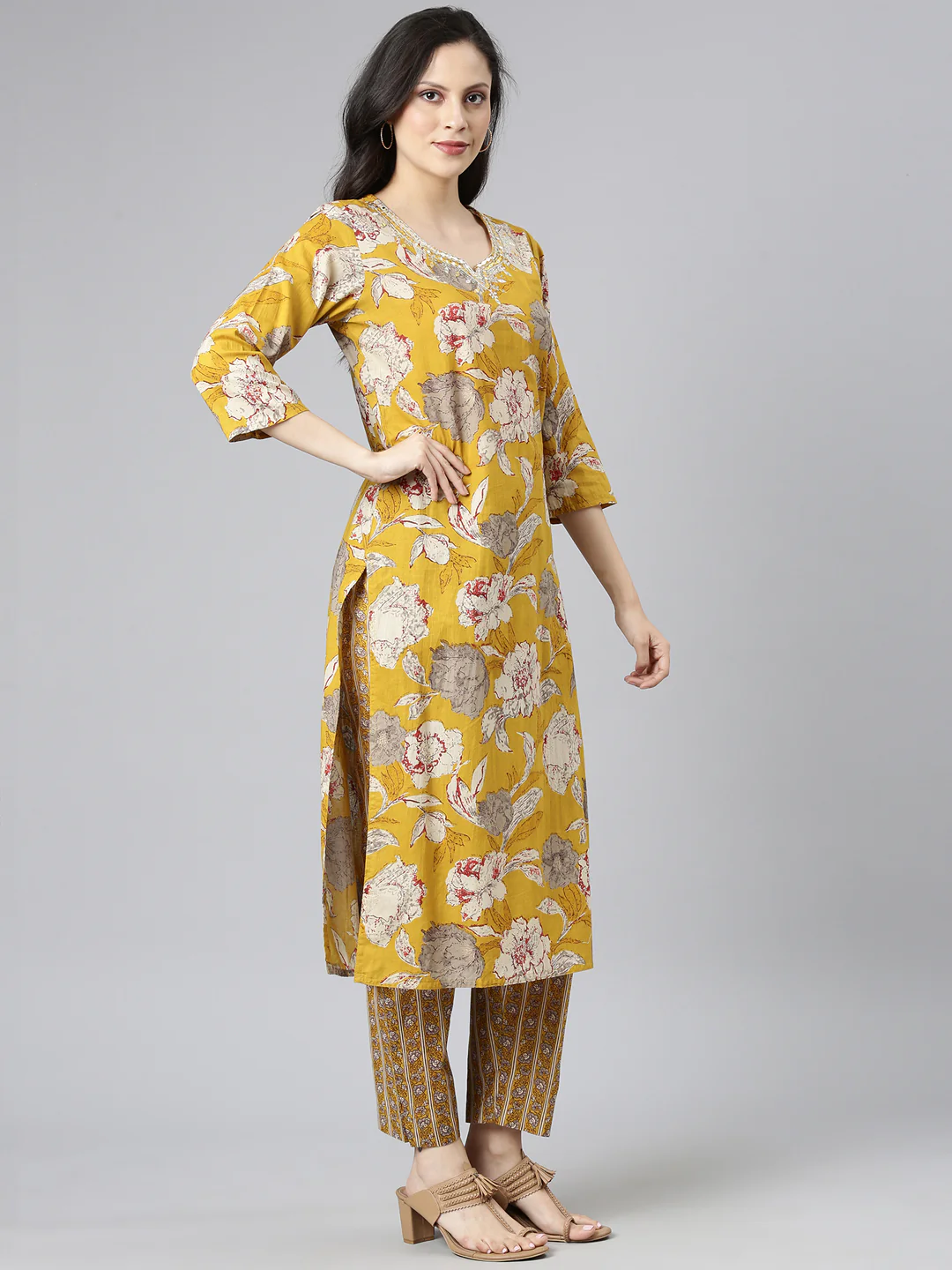 Neerus Yellow Printed Straight Kurta and Trousers With Dupatta - Image 2