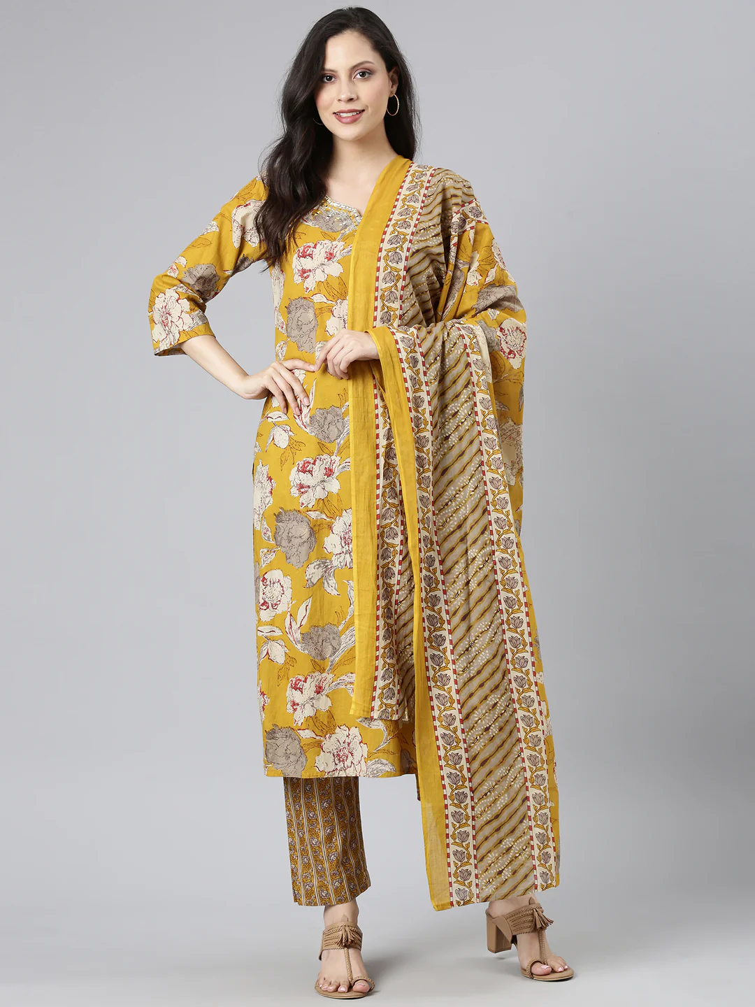 Neerus Yellow Printed Straight Kurta and Trousers With Dupatta - Image 5