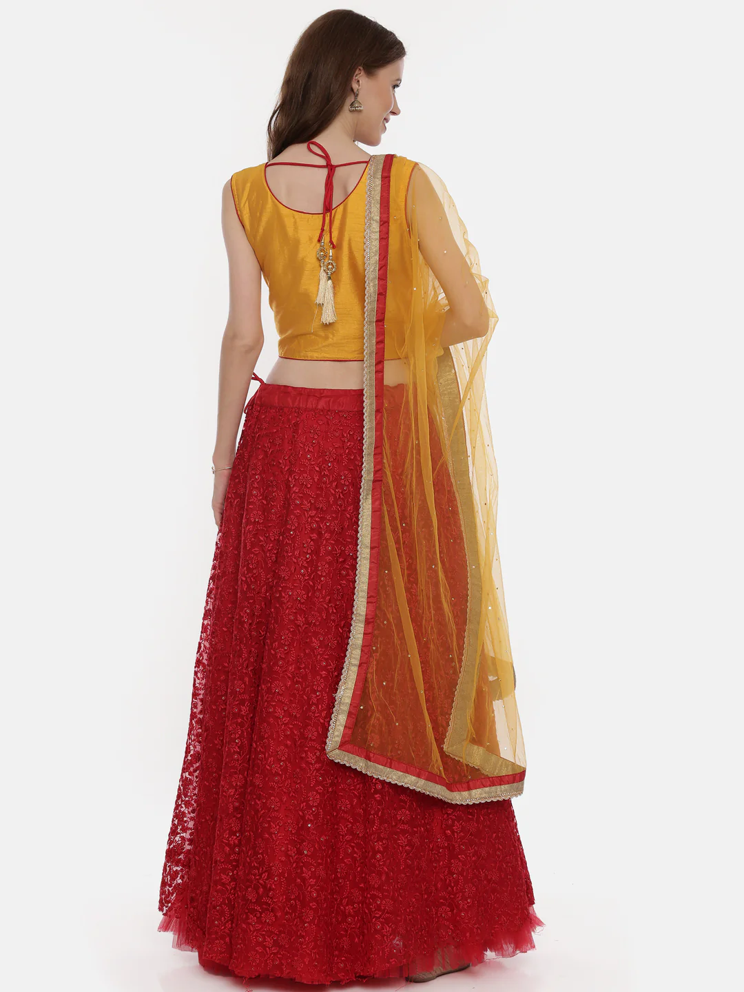 Neerus Yellow Red Color Nett Fabric Ghagra Set - Image 3