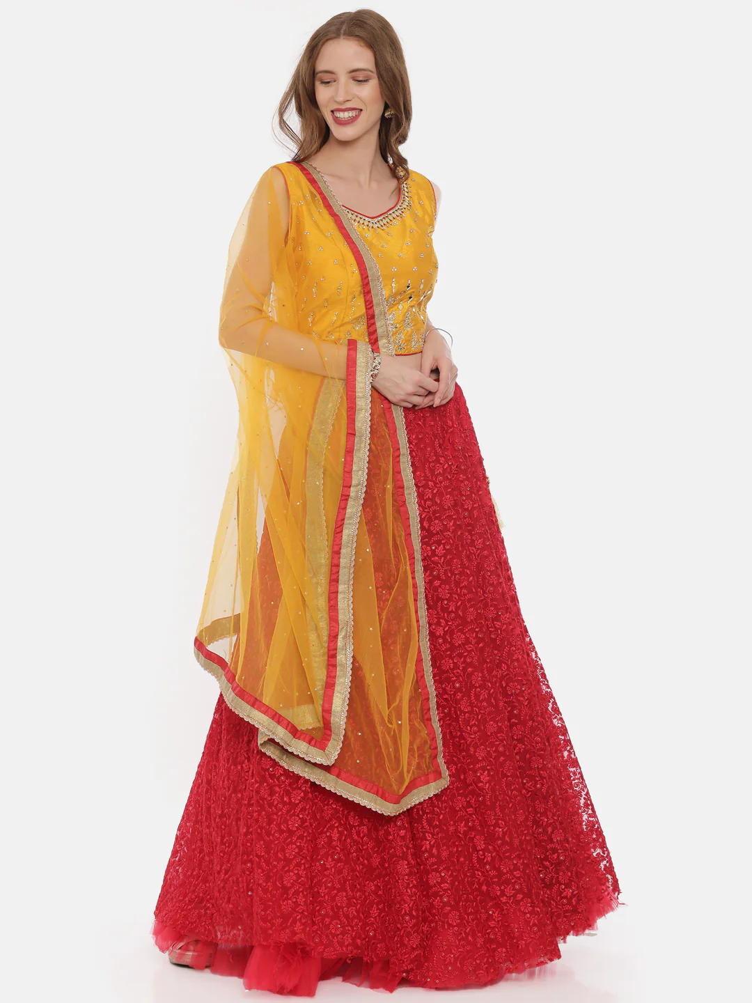 Neerus Yellow Red Color Nett Fabric Ghagra Set - Image 4