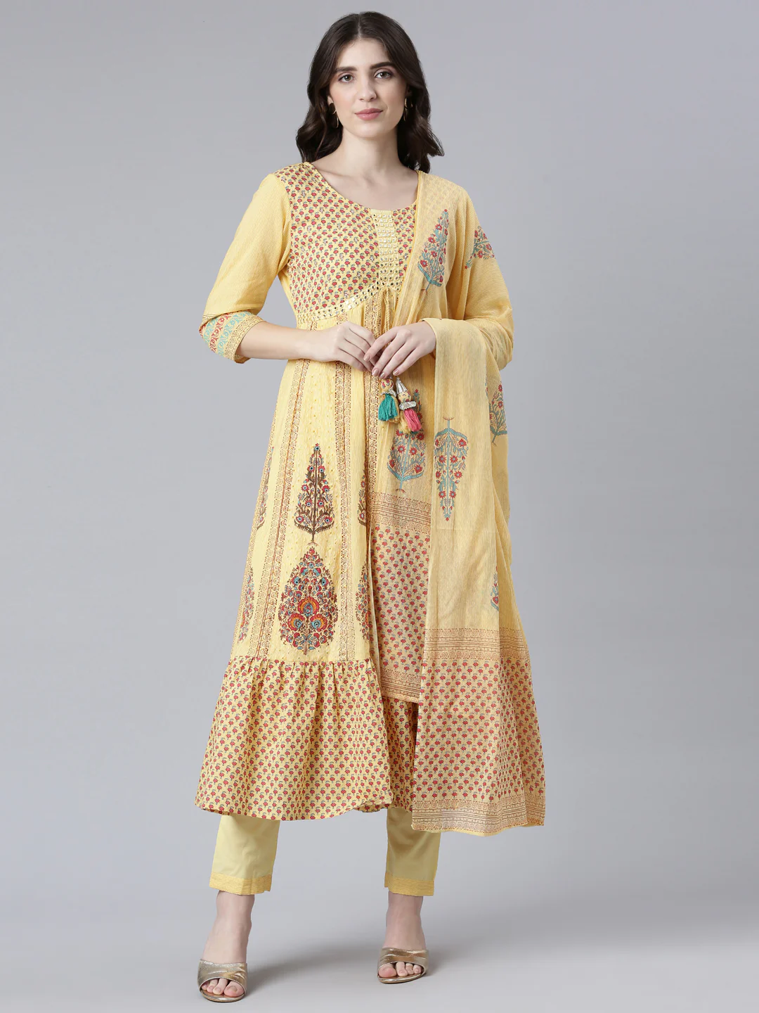Neerus Yellow Regular Flared Printed Kurta And Trousers With Dupatta