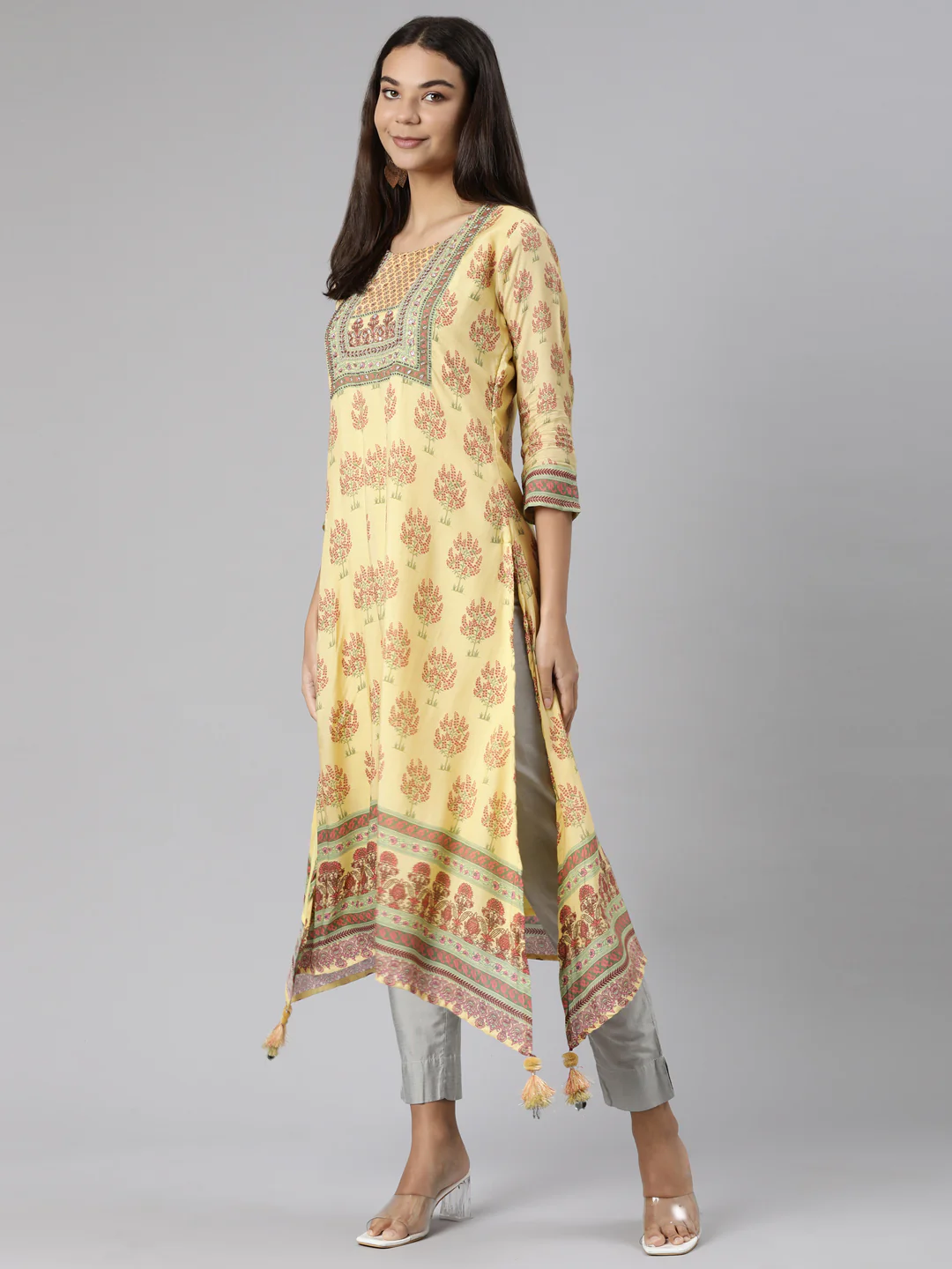 Neerus Yellow Regular High-Low Kurta - Image 5