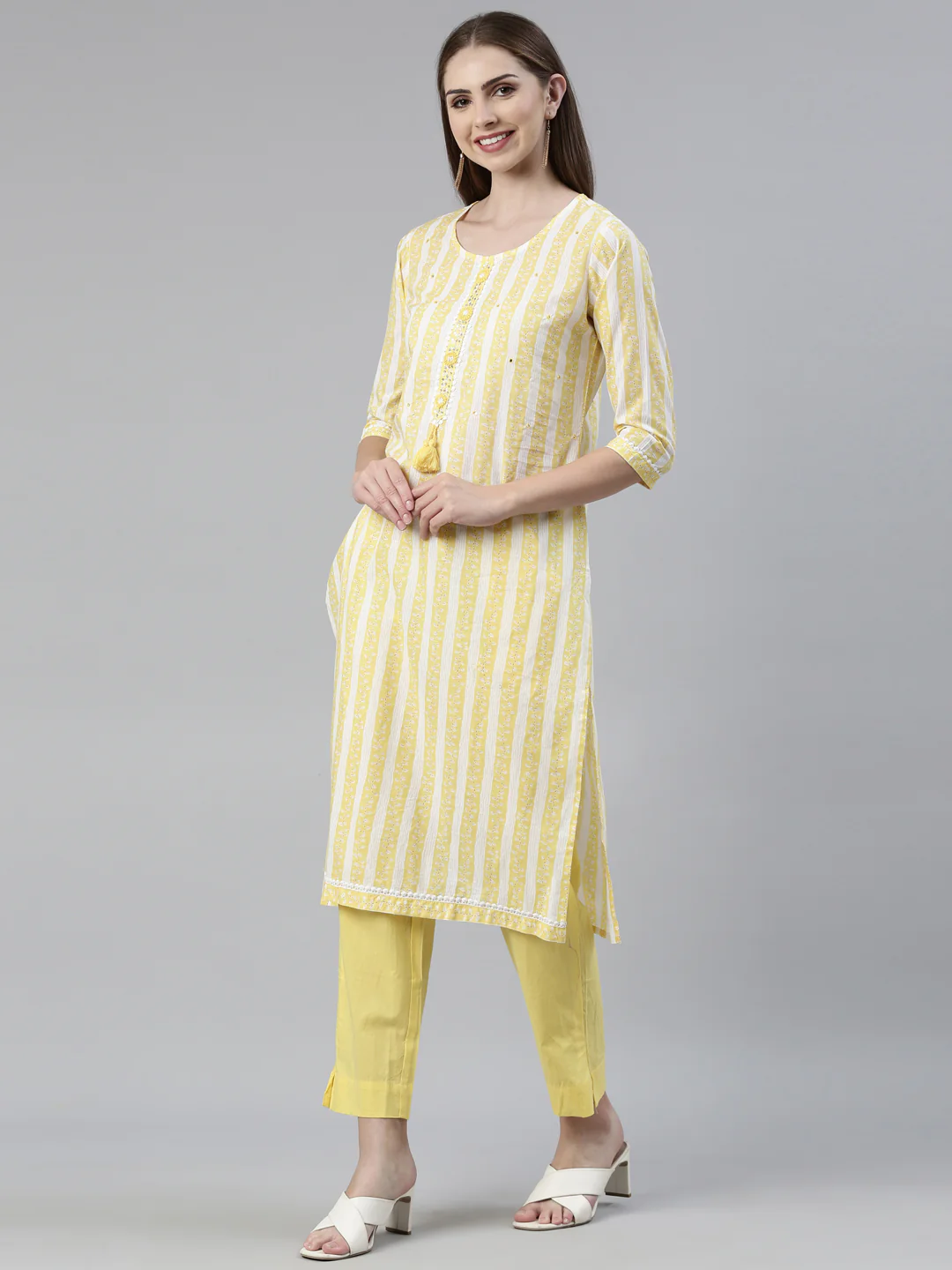 Neerus Yellow Regular Knee Length Solid Kurta Solid Trousers With Dupatta - Image 2