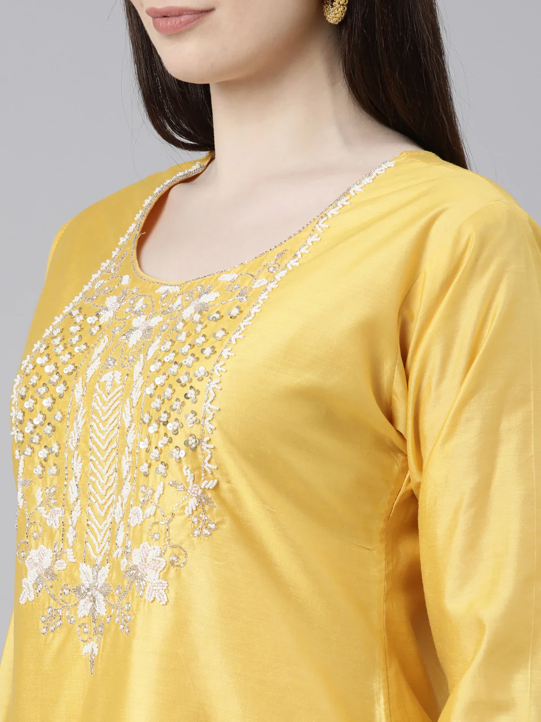 Neerus Yellow Regular Knee Length Solid Kurta Solid Trousers With Dupatta - Image 4