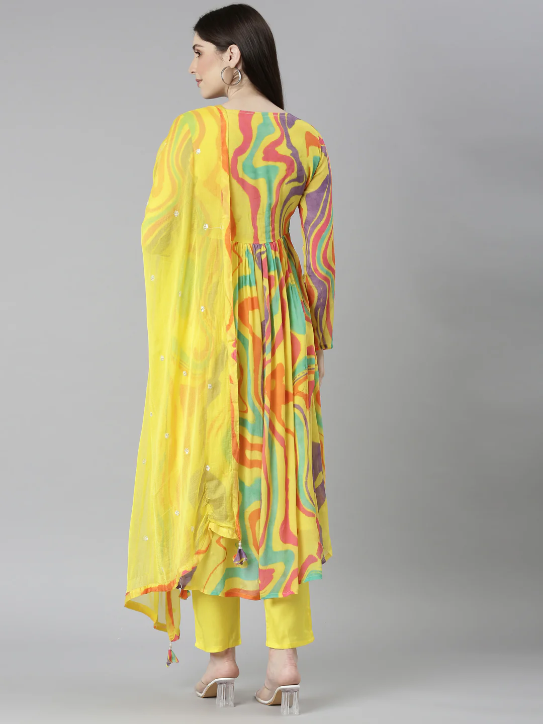 Neerus Yellow Regular Straight Chevron Kurta And Trousers With Dupatta - Image 3