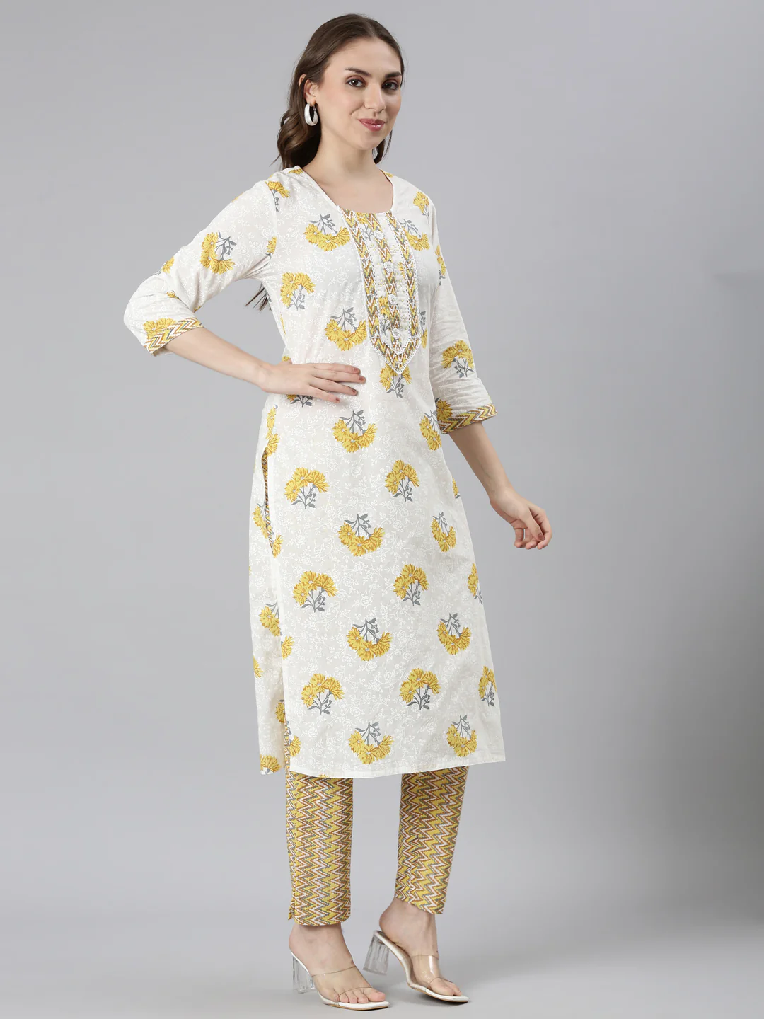 Neerus Yellow Regular Straight Embroidered Kurta and Trousers - Image 2