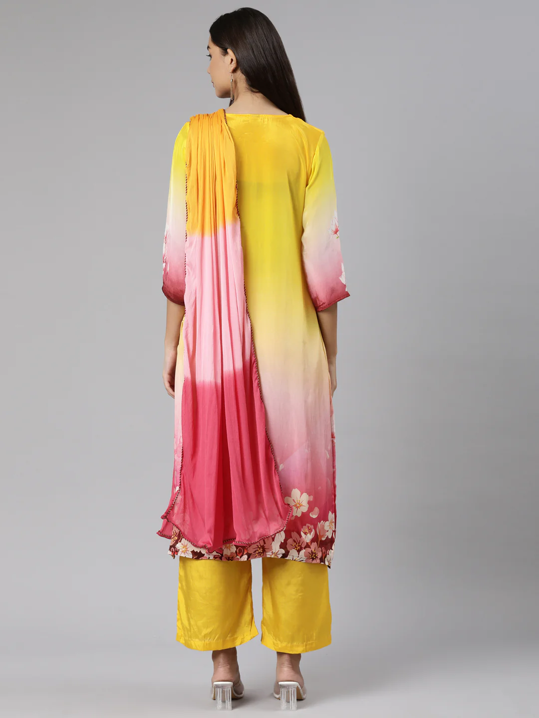 Neerus Yellow Regular Straight Floral Kurta And Trousers With Dupatta - Image 3