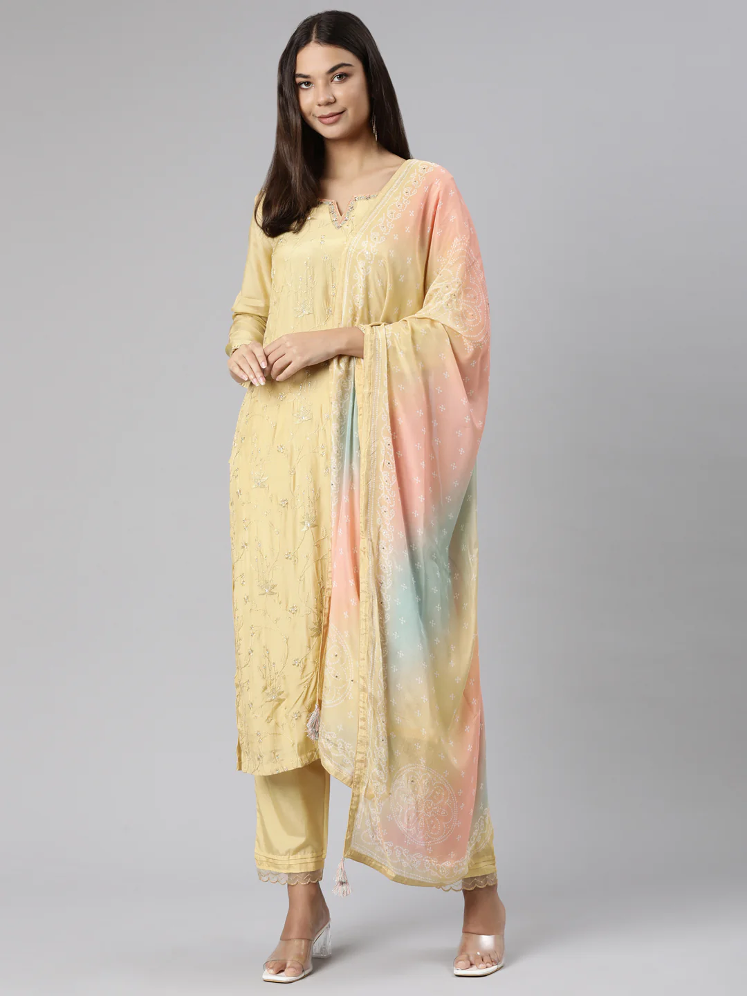 Neerus Yellow Regular Straight Floral Kurta And Trousers With Dupatta - Image 5