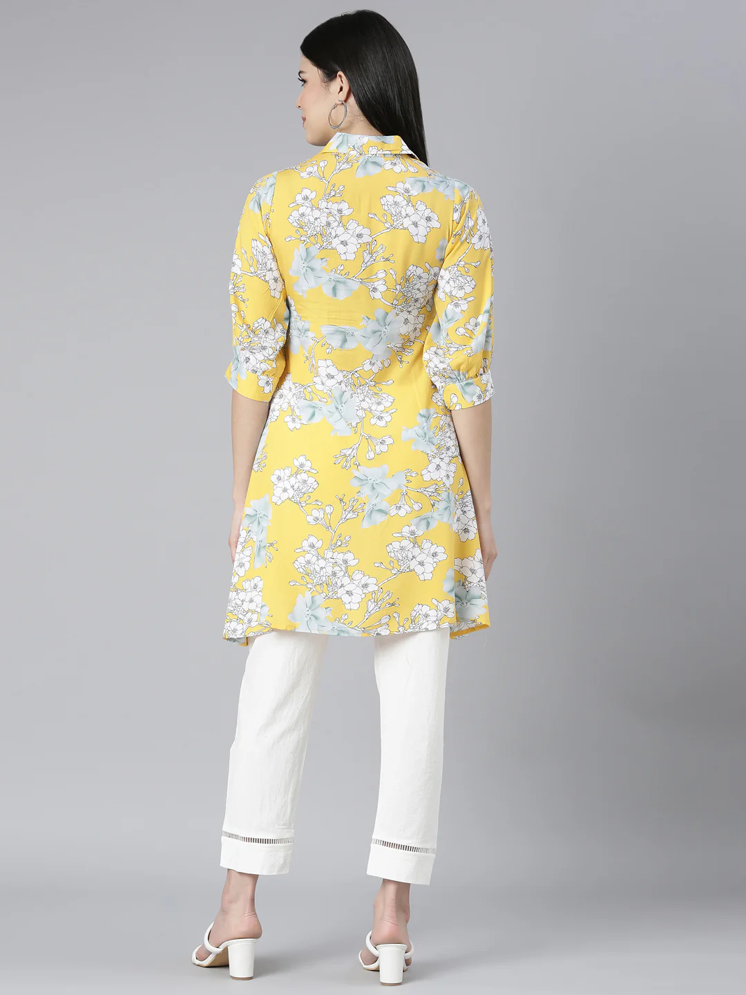 Neerus Yellow Regular Straight Floral Kurti And Trousers - Image 3