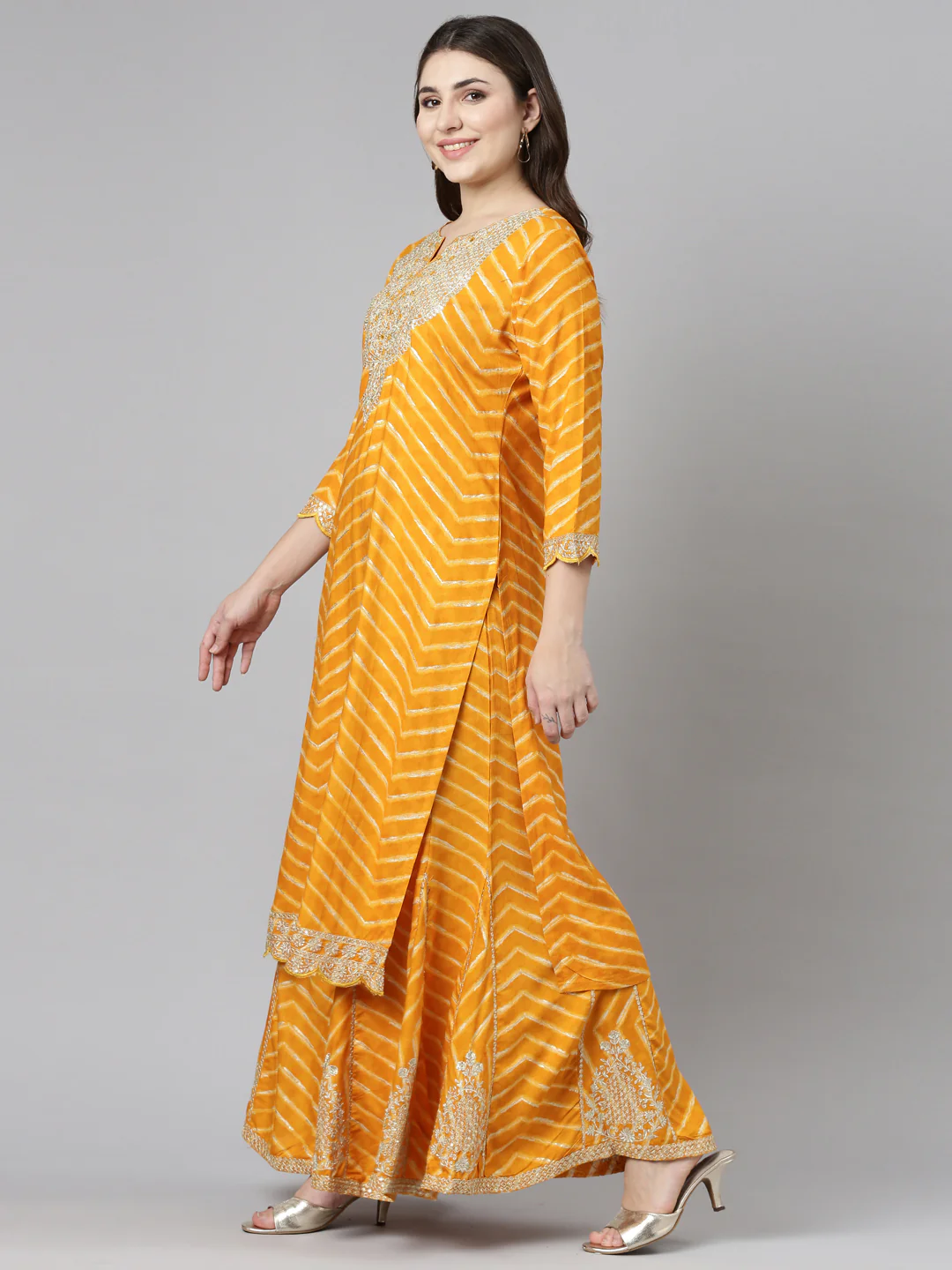 Neerus Yellow Regular Straight Printed Kurta And Sharara With Dupatta - Image 2