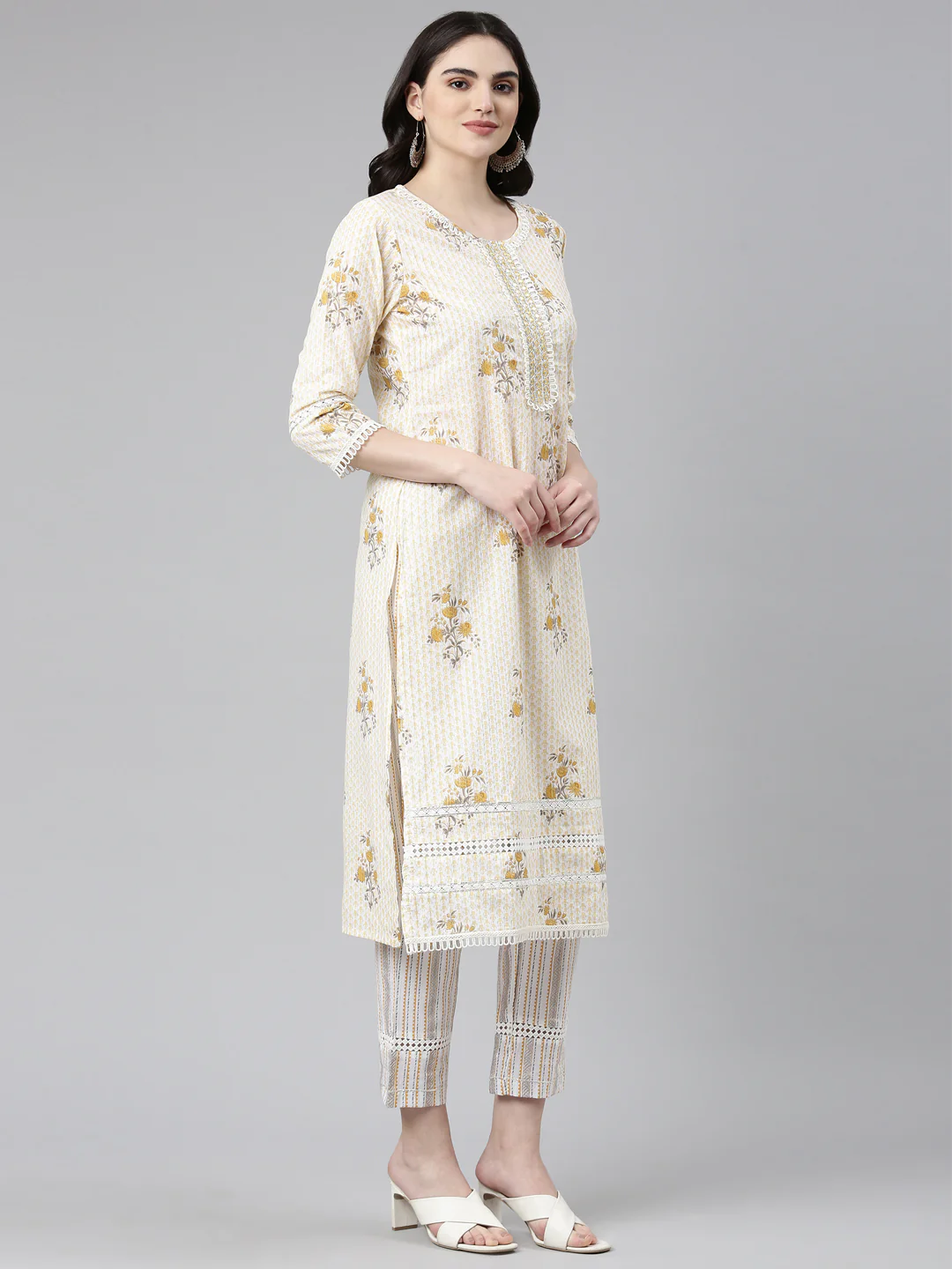 Neerus Yellow Regular Straight Printed Kurta And Trousers With Dupatta - Image 2