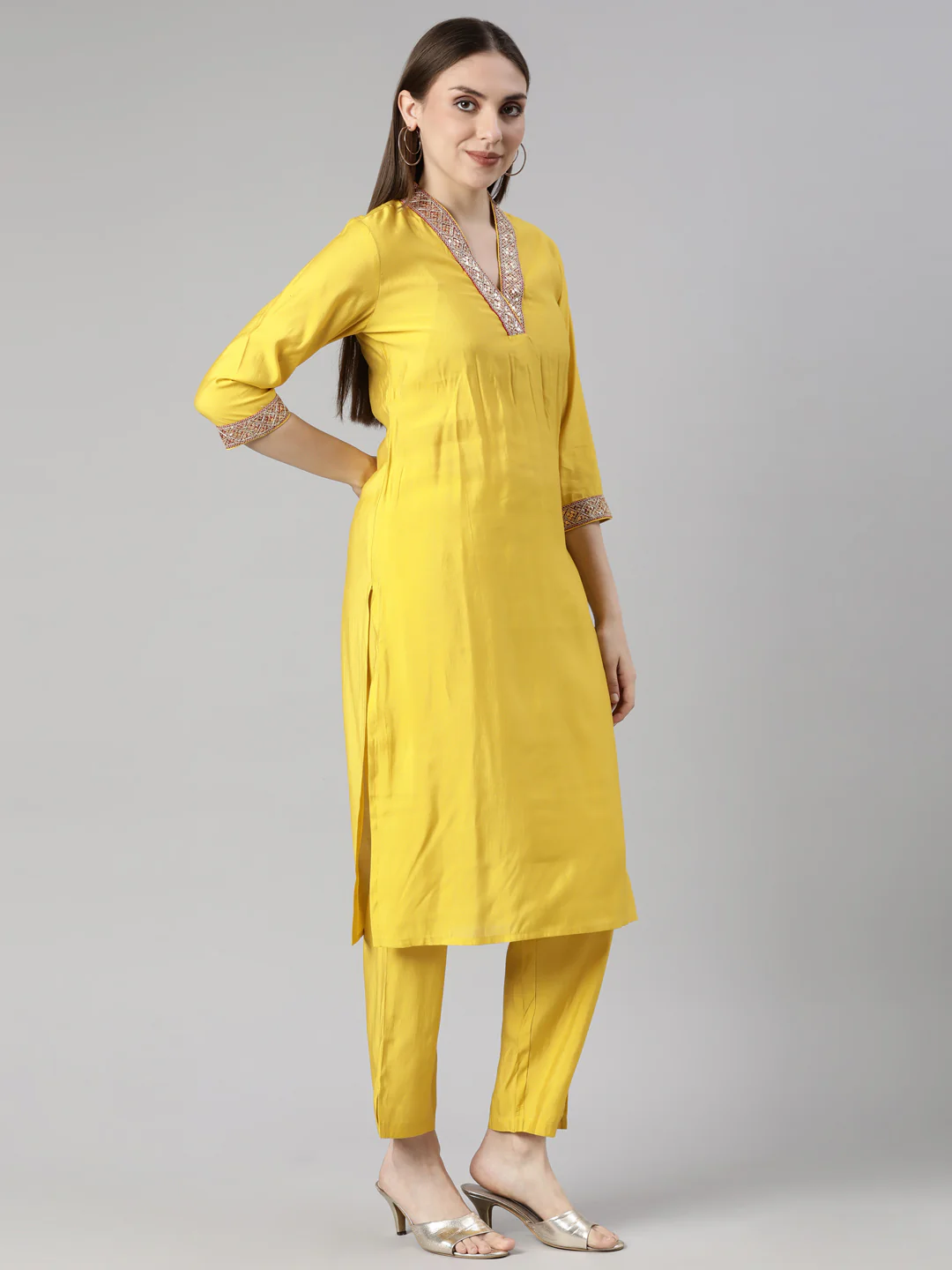 Neerus Yellow Regular Straight Solid Kurta And Trousers With Dupatta - Image 2