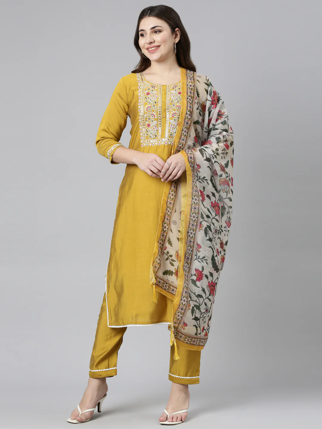 Neerus Yellow Regular Straight Solid Kurta And Trousers With Dupatta