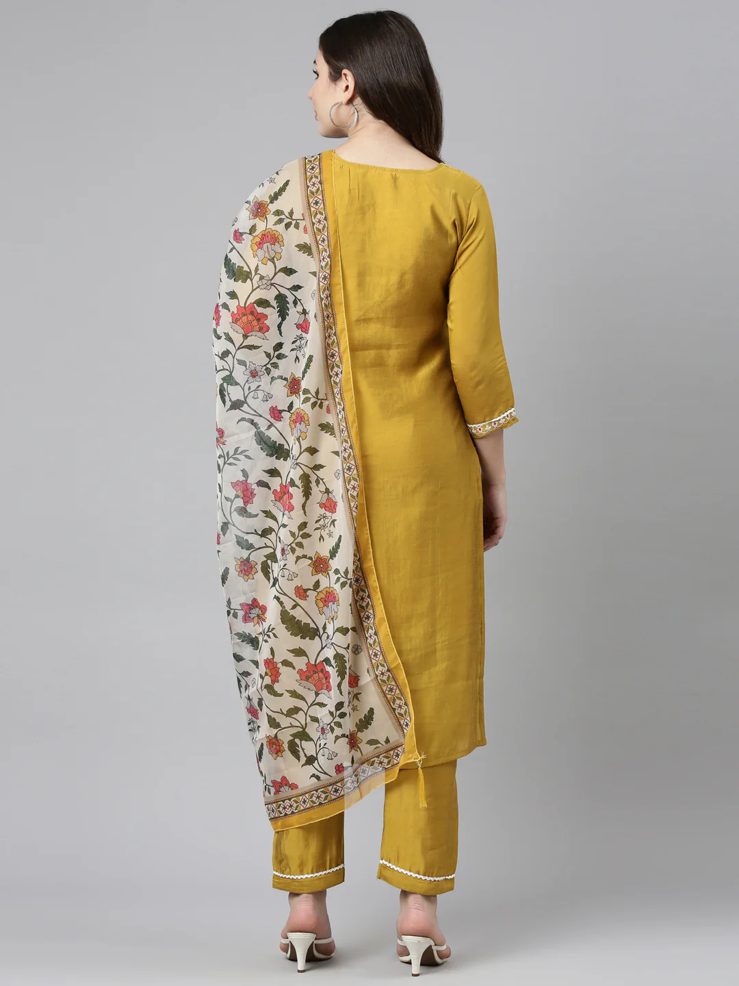 Neerus Yellow Regular Straight Solid Kurta And Trousers With Dupatta - Image 3