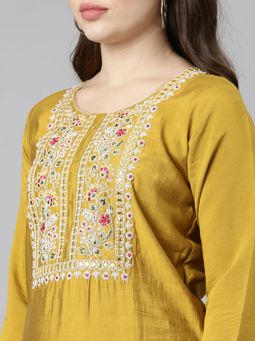 Neerus Yellow Regular Straight Solid Kurta And Trousers With Dupatta - Image 4