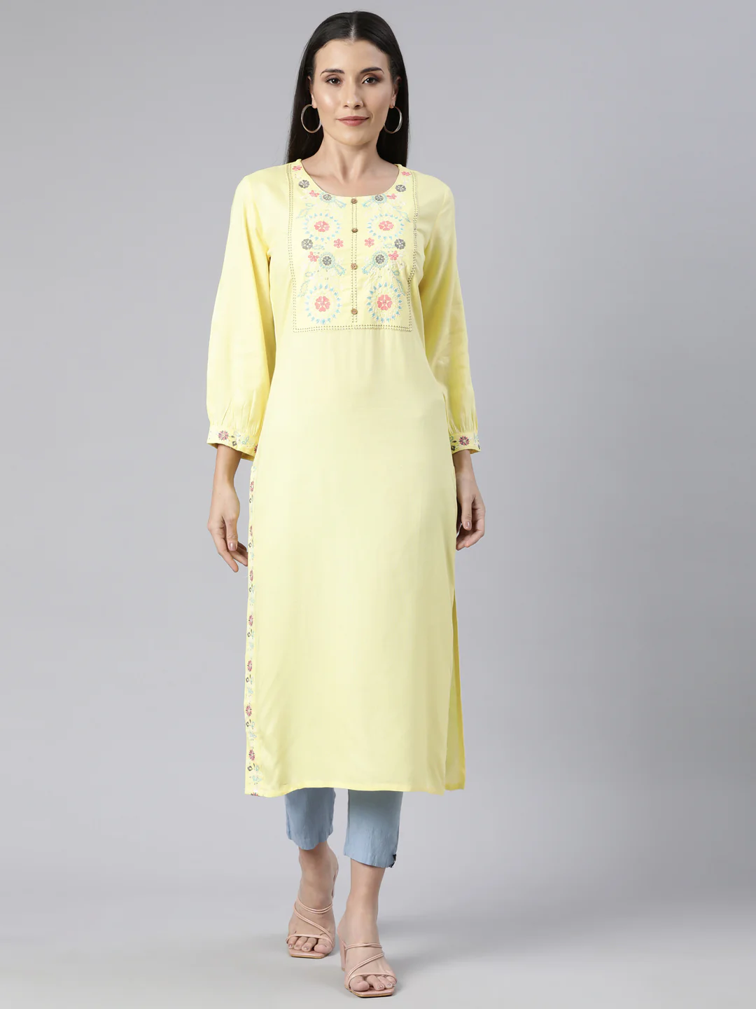 Neerus Yellow Regular Straight Solid Kurta