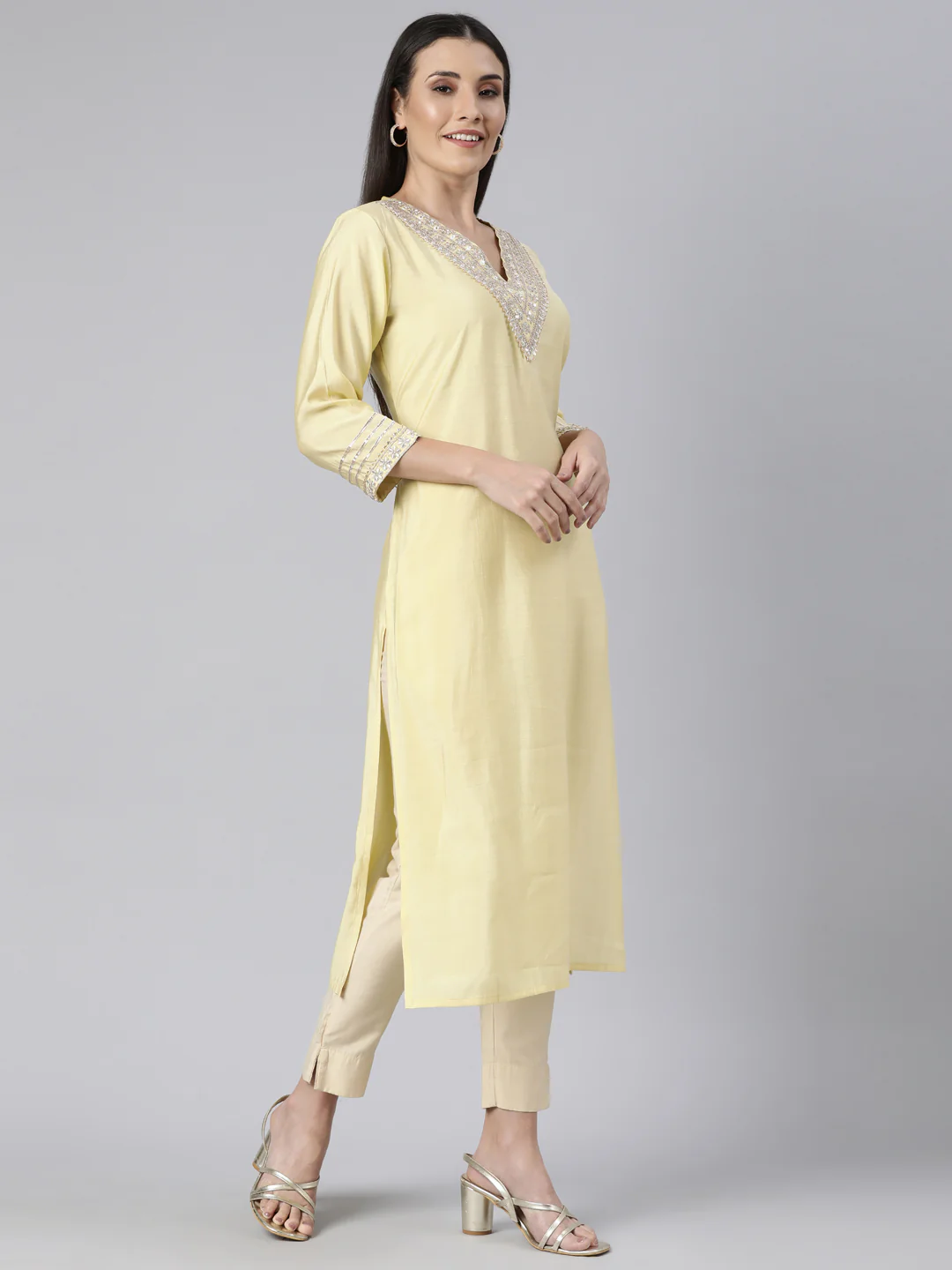 Neerus Yellow Regular Straight Solid Kurta - Image 2