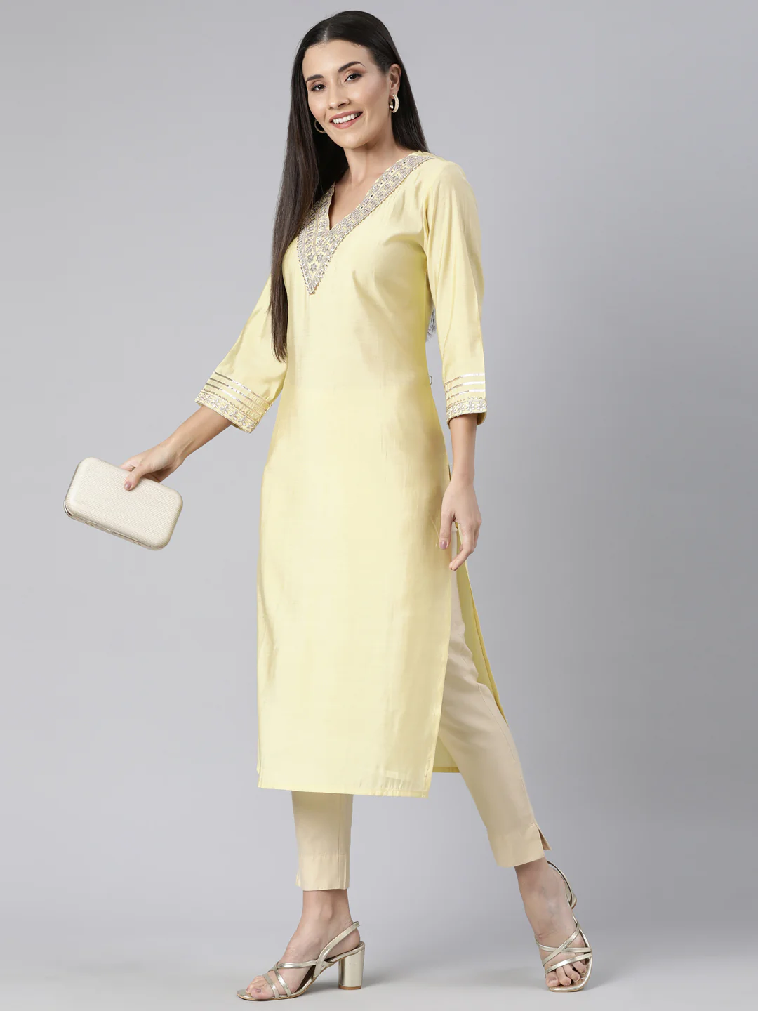 Neerus Yellow Regular Straight Solid Kurta - Image 5