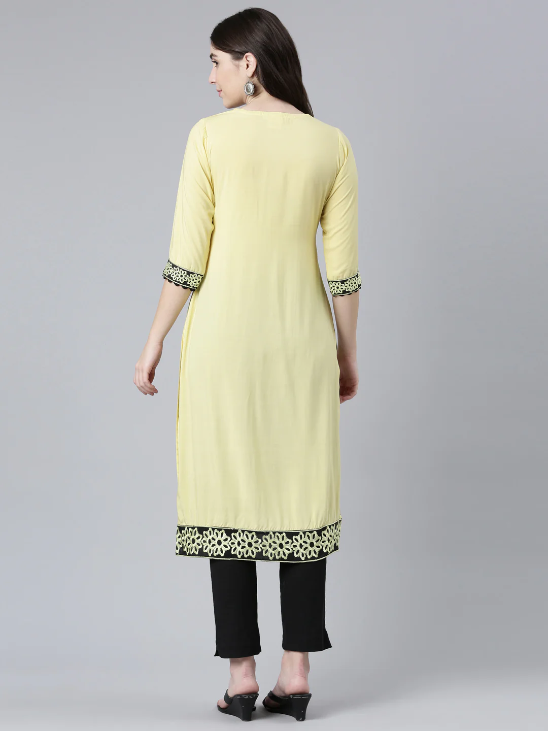 Neerus Yellow Regular Straight Solid Kurta - Image 3