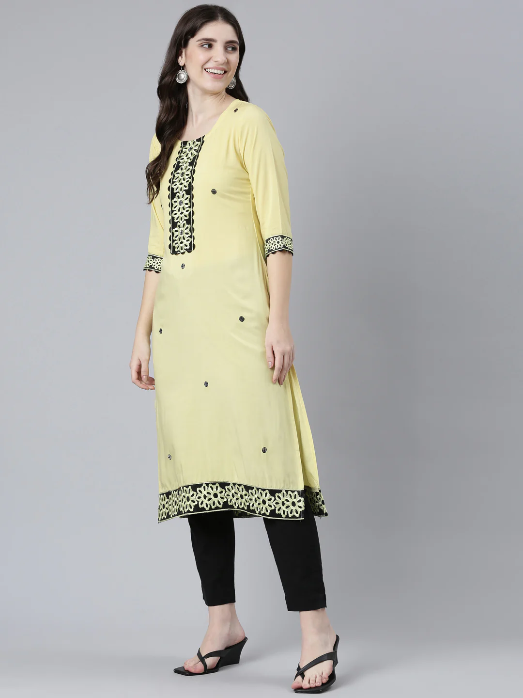Neerus Yellow Regular Straight Solid Kurta - Image 5