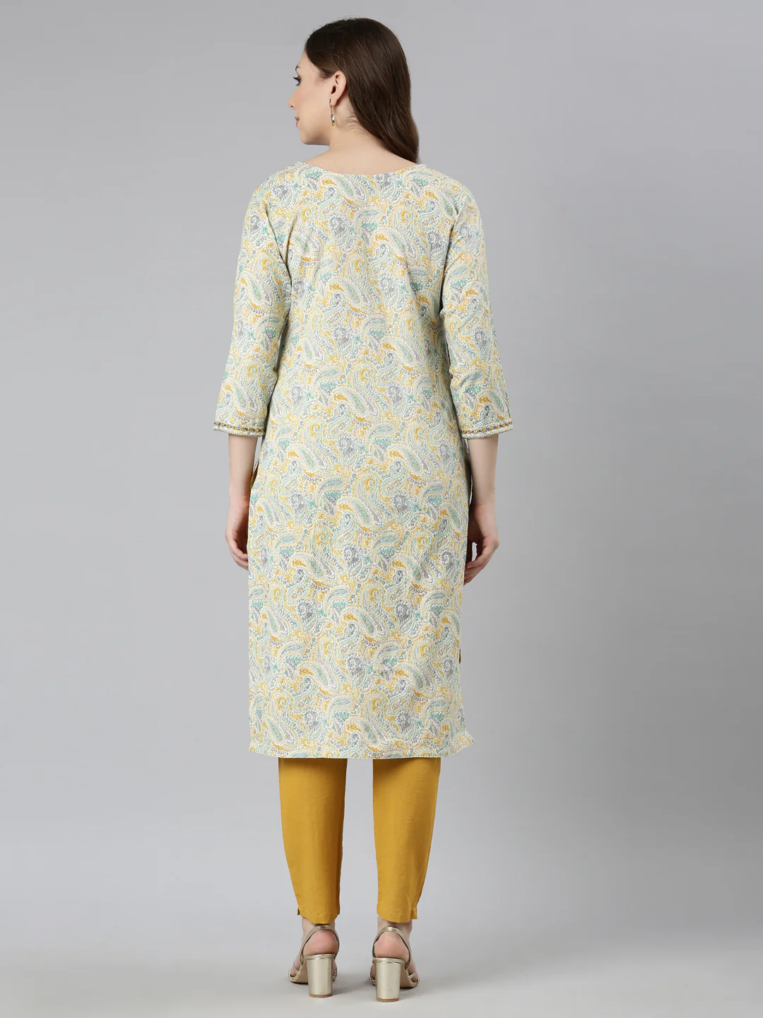 Neerus Yellow Regular Straight Woven Design Kurta - Image 3