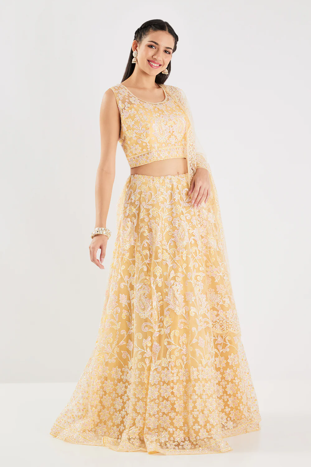Neerus Yellow Sequence and Embroidered Work Net Fabric Ghagra Set - Image 3
