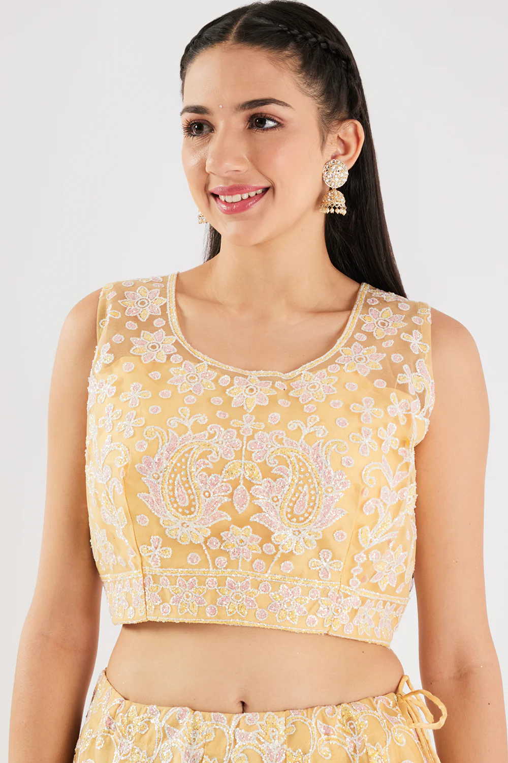 Neerus Yellow Sequence and Embroidered Work Net Fabric Ghagra Set - Image 5