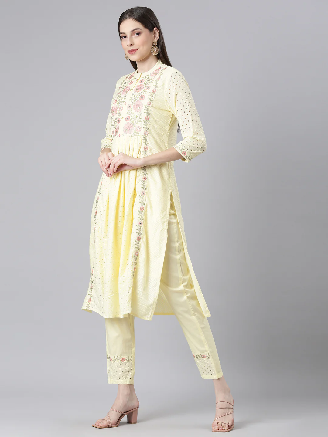 Neerus Yellow Solid Straight Kurta and Trousers With Dupatta - Image 2