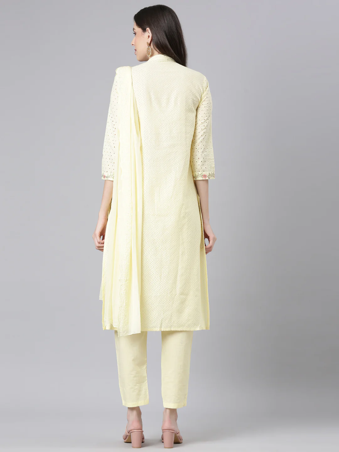 Neerus Yellow Solid Straight Kurta and Trousers With Dupatta - Image 3