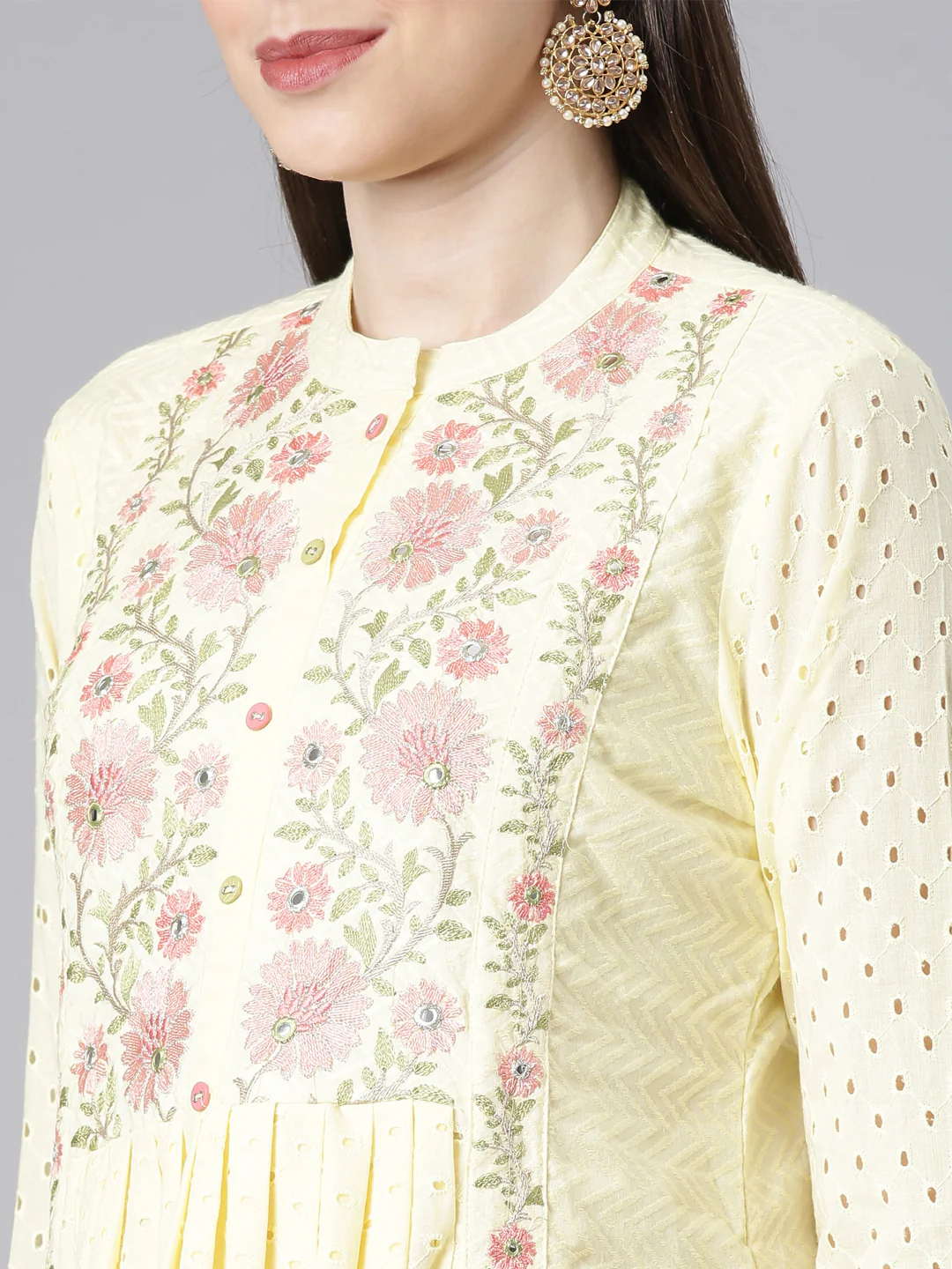 Neerus Yellow Solid Straight Kurta and Trousers With Dupatta - Image 4