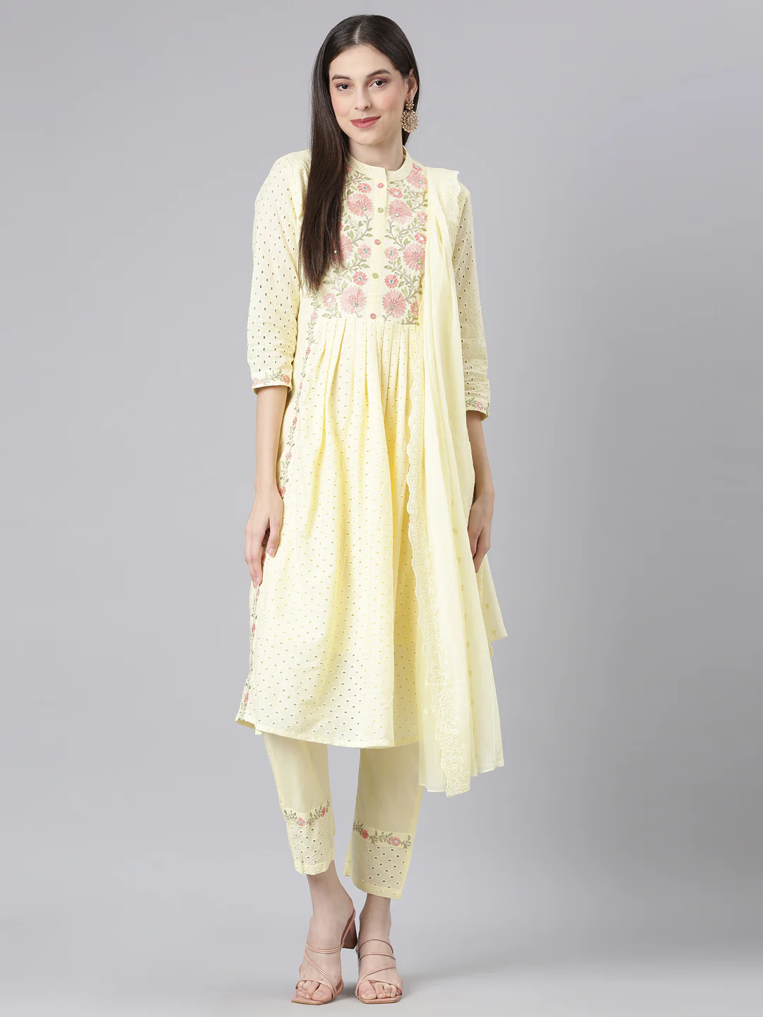 Neerus Yellow Solid Straight Kurta and Trousers With Dupatta - Image 5