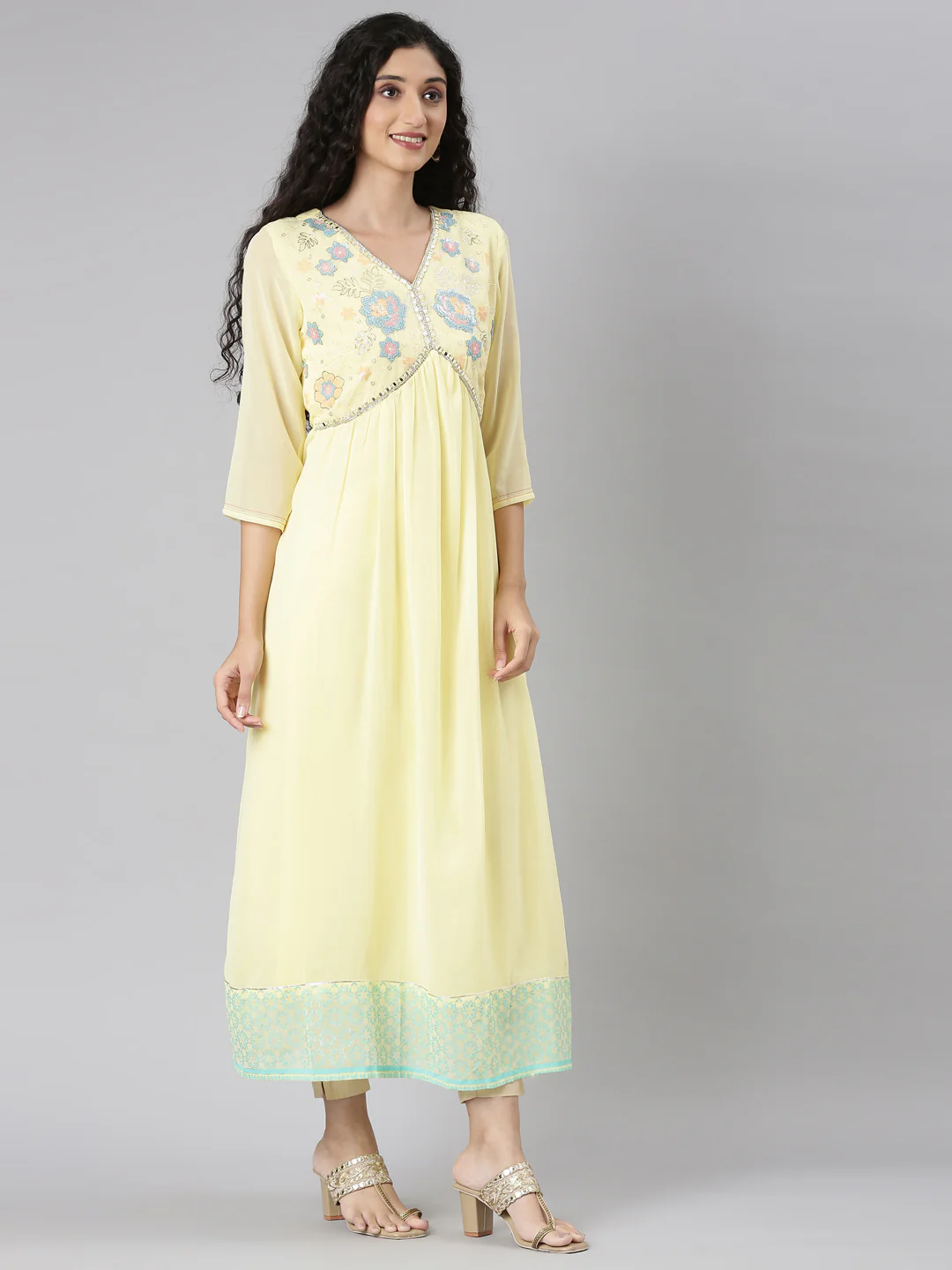 Neerus Yellow Straight Casual Floral Maxi Dresses - Image 3